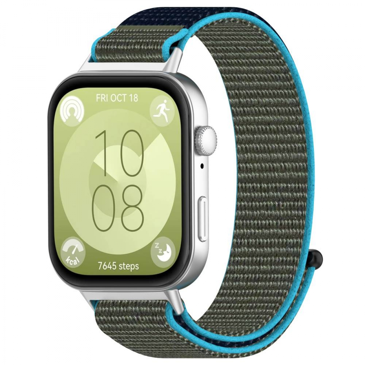 Silberne Smartwatch mit grünem Display. Zeigt Zeit- und Aktivitätsdaten mit blauem und grünem Armband.
