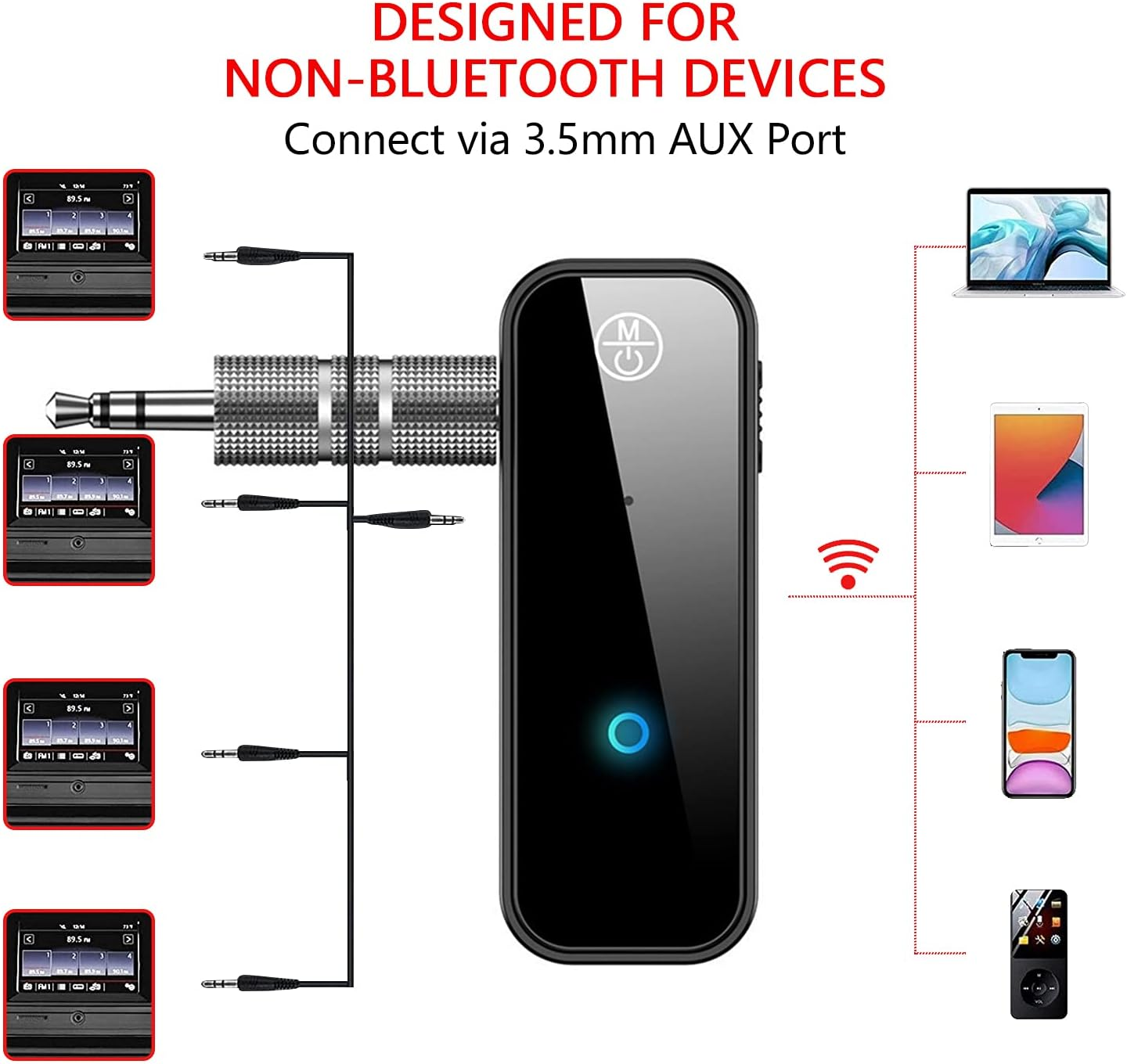 Schwarzes Bluetooth-Gerät mit AUX-Anschlüssen. Diagramm angeschlossener Geräte. Weißer Hintergrund mit Text.