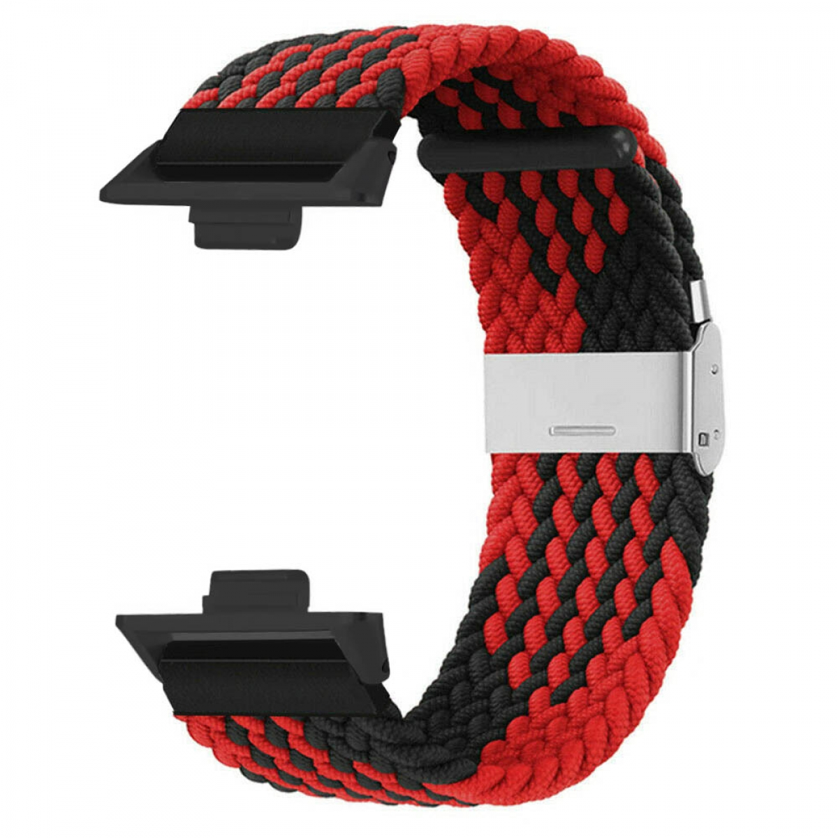 Rot-schwarzes gewebtes Uhrenarmband mit schwarzen Anschlüssen und silberner Schließe.