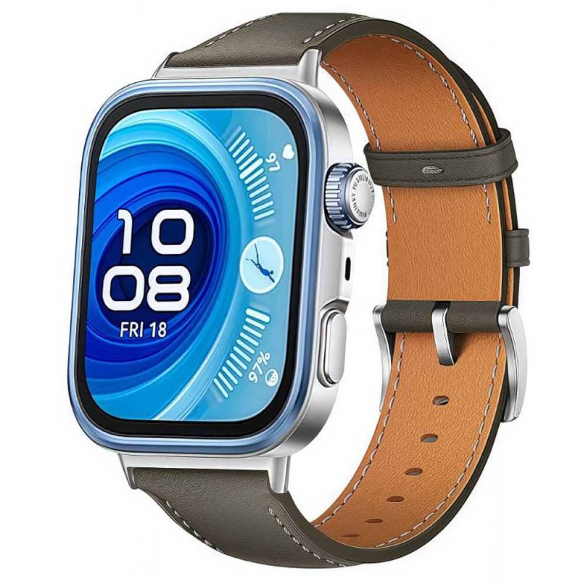 Silberne Smartwatch mit blau gerahmtem Display und braunem Lederarmband.