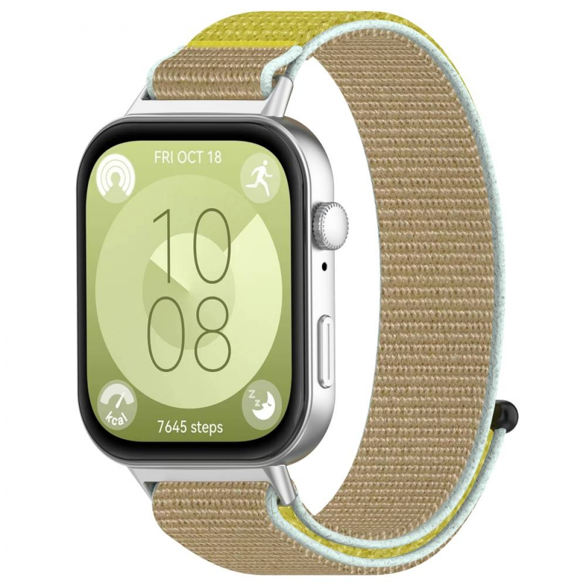 Silberne Smartwatch mit beigem und gelbem gewebtem Armband und grünem Display.
