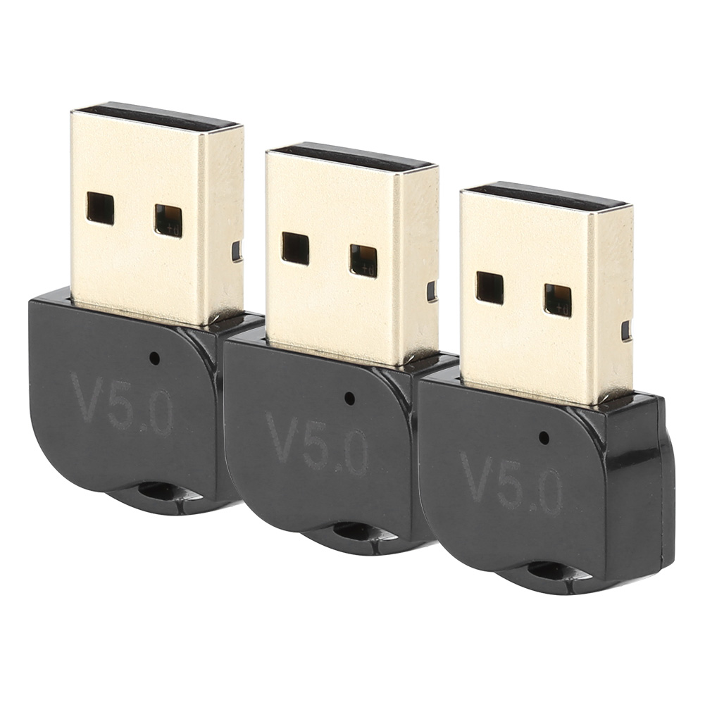 Drei USB-Bluetooth-Adapter mit schwarzen und goldenen Steckern, beschriftet V5.0.