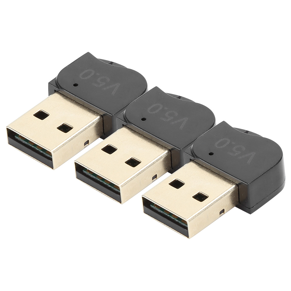 Drei USB-Bluetooth-Adapter, schwarz mit Gold-Anschlüssen, beschriftet V5.0.