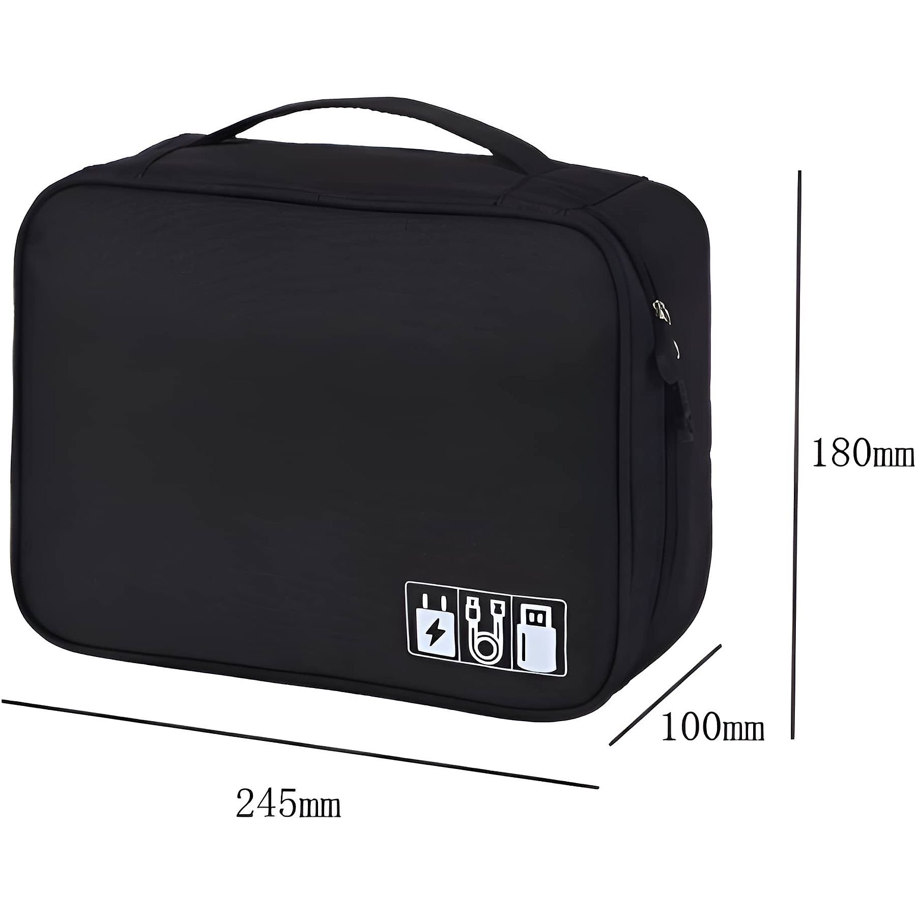 Schwarze Reisetasche mit weißen Symbolen, einem Griff und Abmessungen.