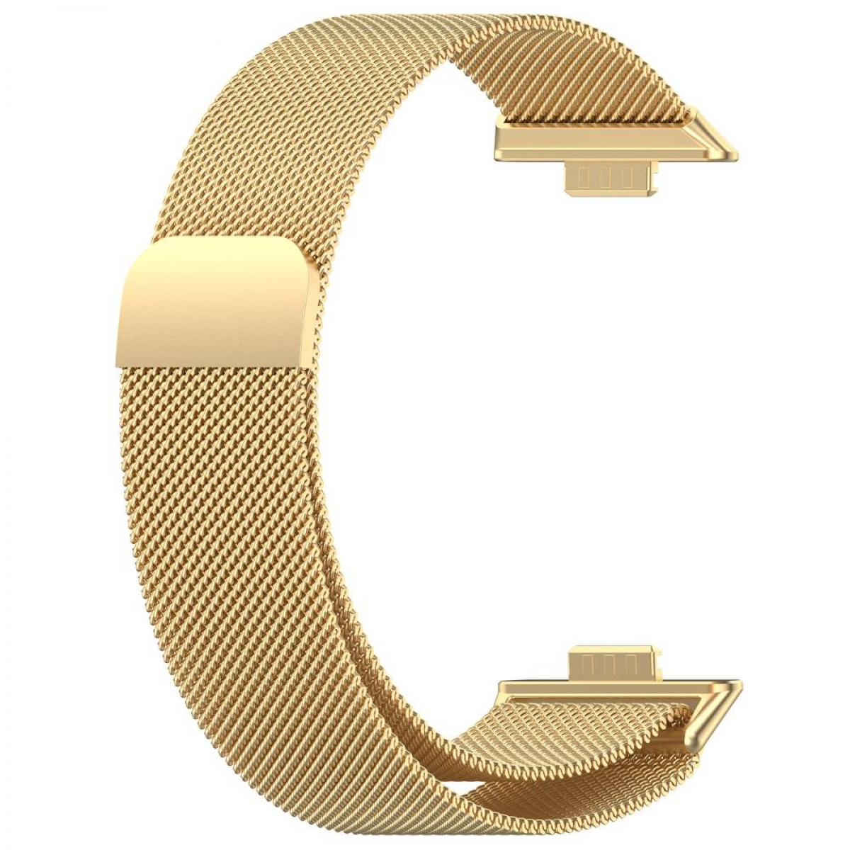 Goldenes Mesh-Uhrenarmband. Es hat ein gebogenes Design mit Anschlüssen an jedem Ende.