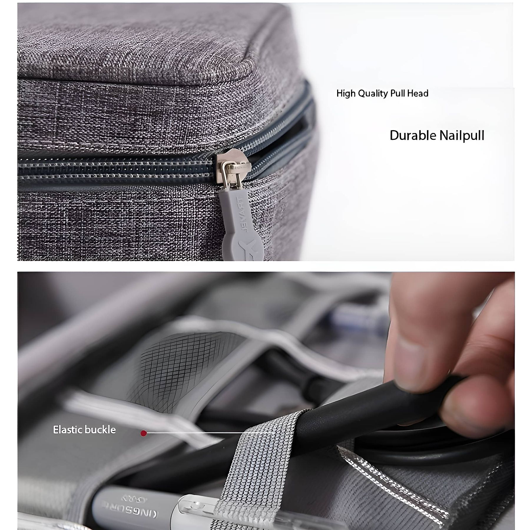 Nahaufnahme einer grauen Stoff-Reisetasche mit Reißverschluss und Zugkopf.
