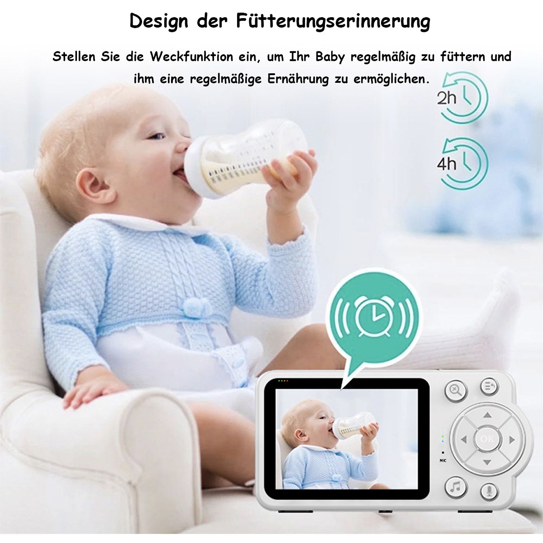 Ein Baby trinkt aus einer Flasche, gezeigt auf einem Babyphone-Bildschirm, mit Zeicons.