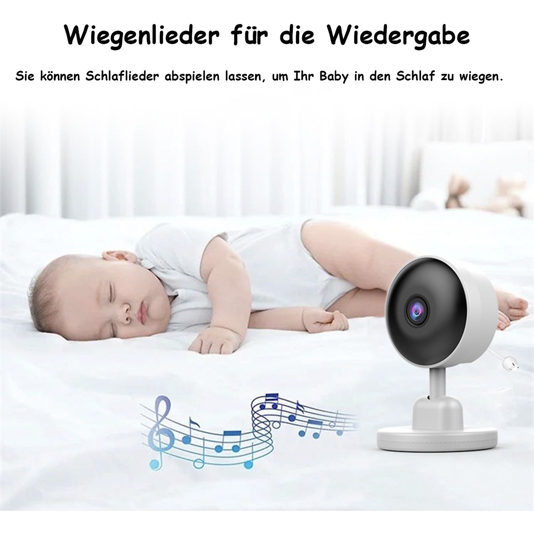 Ein schlafendes Baby wird mit einer Babyphone-Kamera und Noten gezeigt.