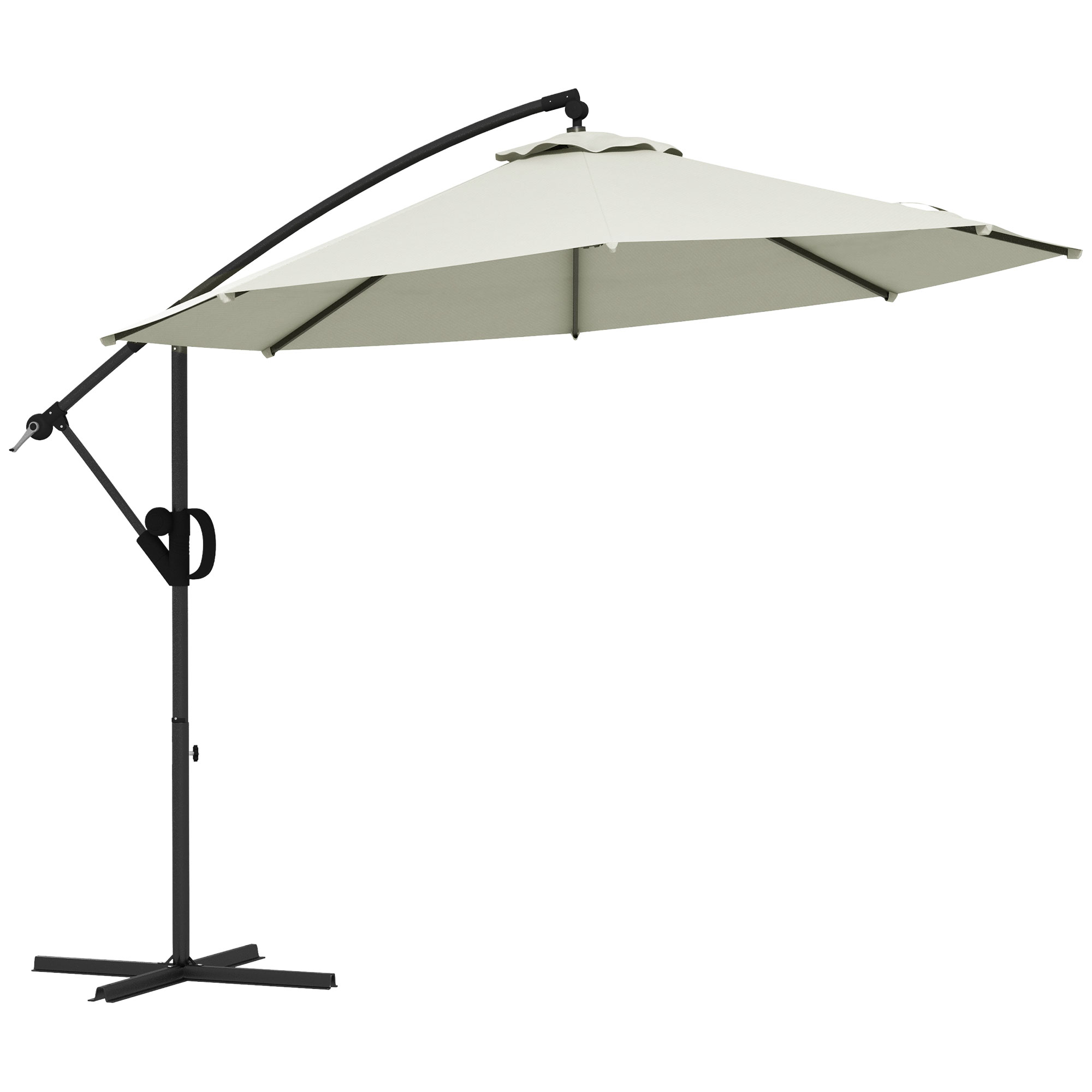 Un ombrellone da esterno con tettuccio beige, struttura nera, su un patio con mobili e piante.