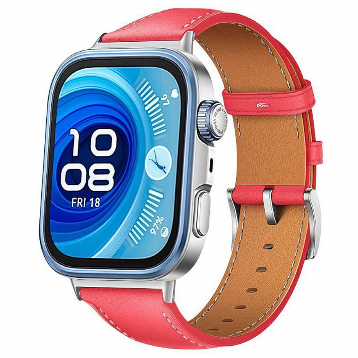 Eine Smartwatch mit rotem Armband und blauem Bildschirm, der die Zeit anzeigt.