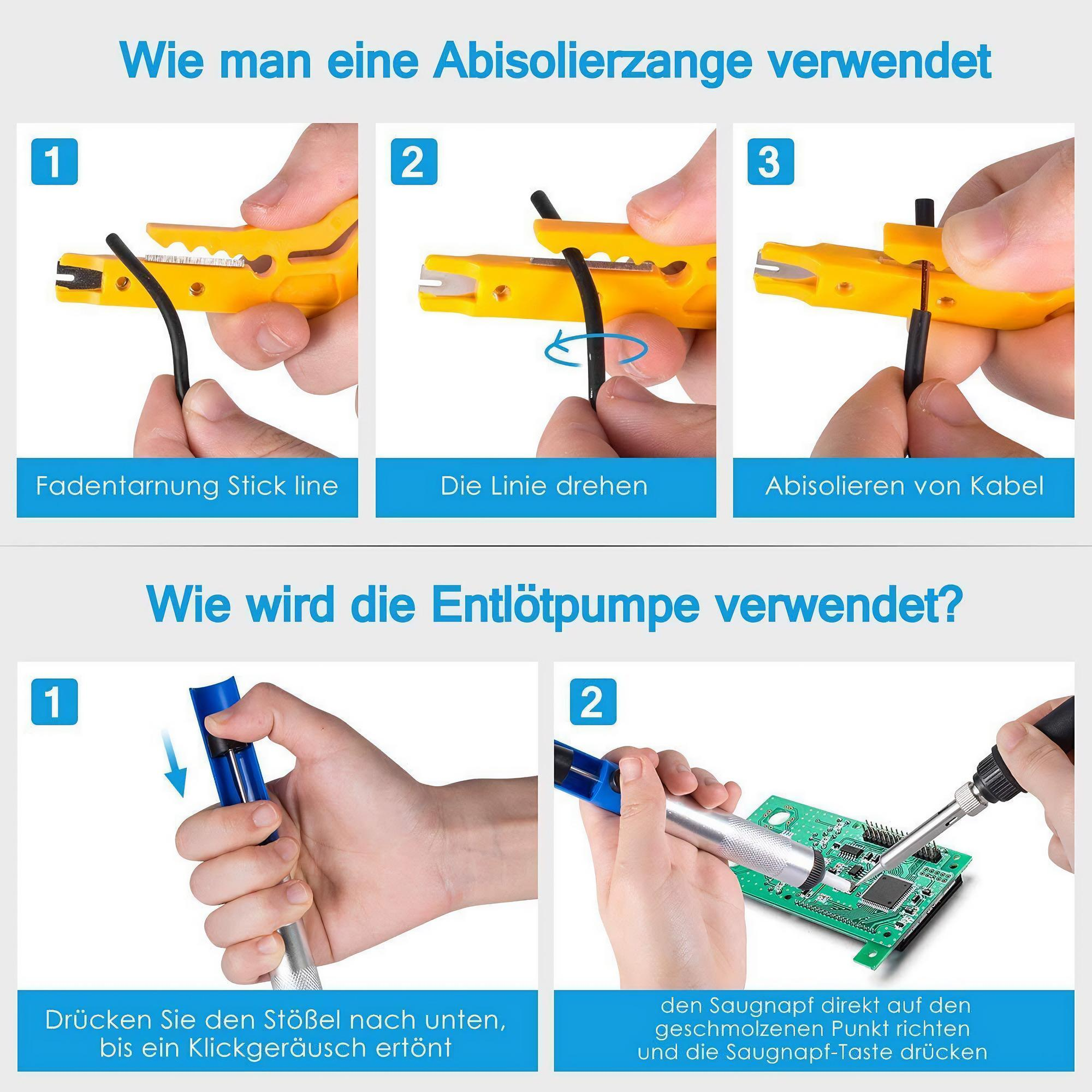 Ein Diagramm veranschaulicht die Verwendung von Drahtabisolierzangen und einer Entlötpumpe mit nummerierten Schritten.