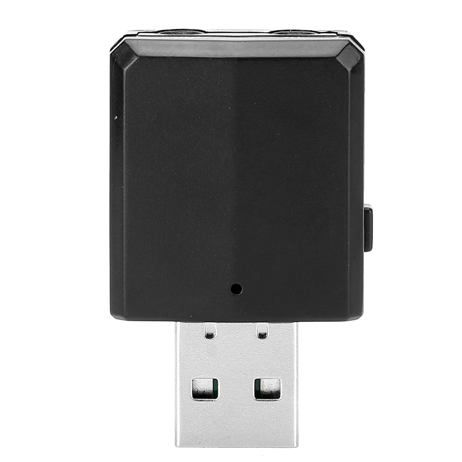 Schwarzes, quadratisches USB-Gerät. Es hat einen USB-Anschluss und ein kleines Loch auf der Vorderseite.