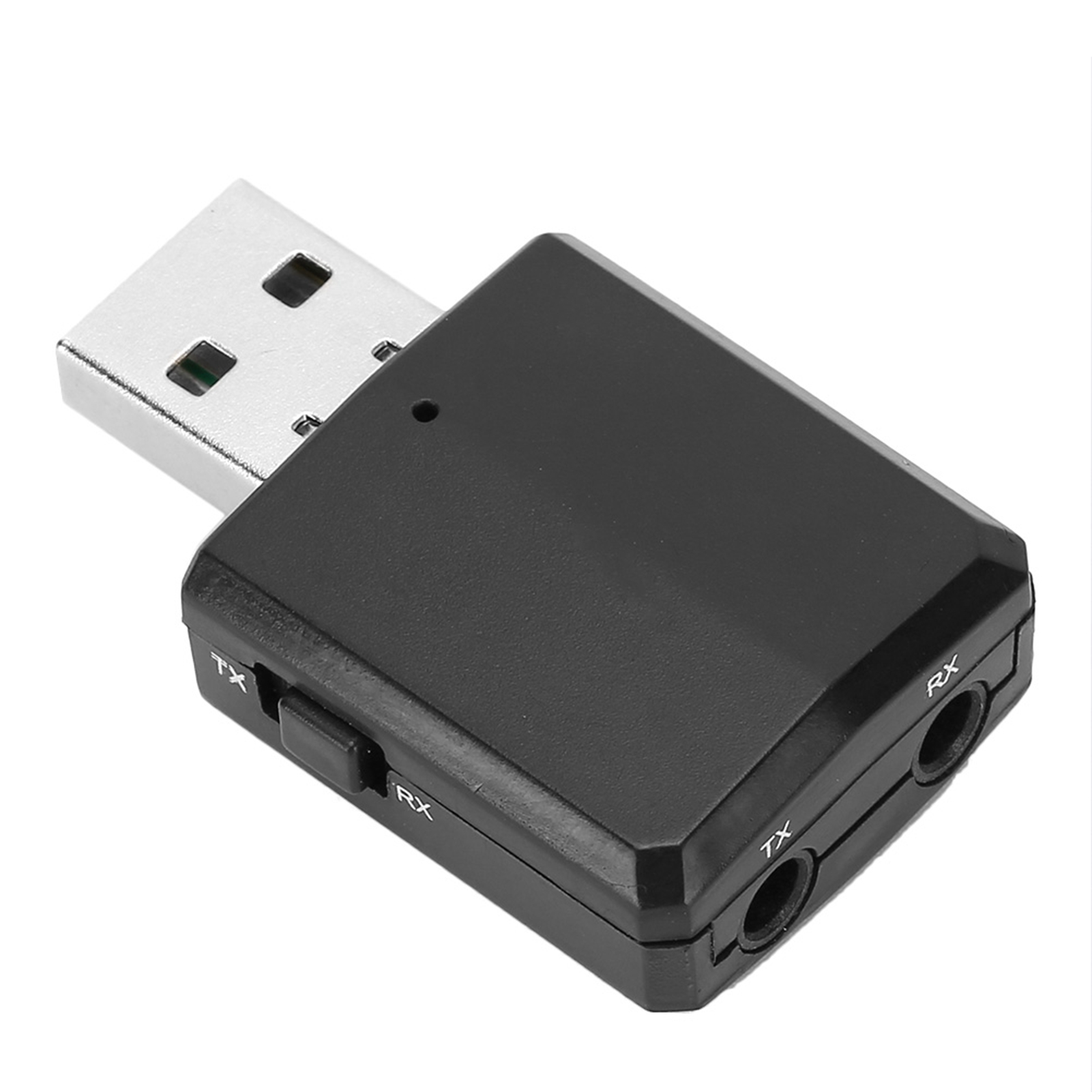 Schwarzer USB-Bluetooth-Sender/Empfänger mit TX- und RX-Anschlüssen und einem Schalter zum Umschalten.