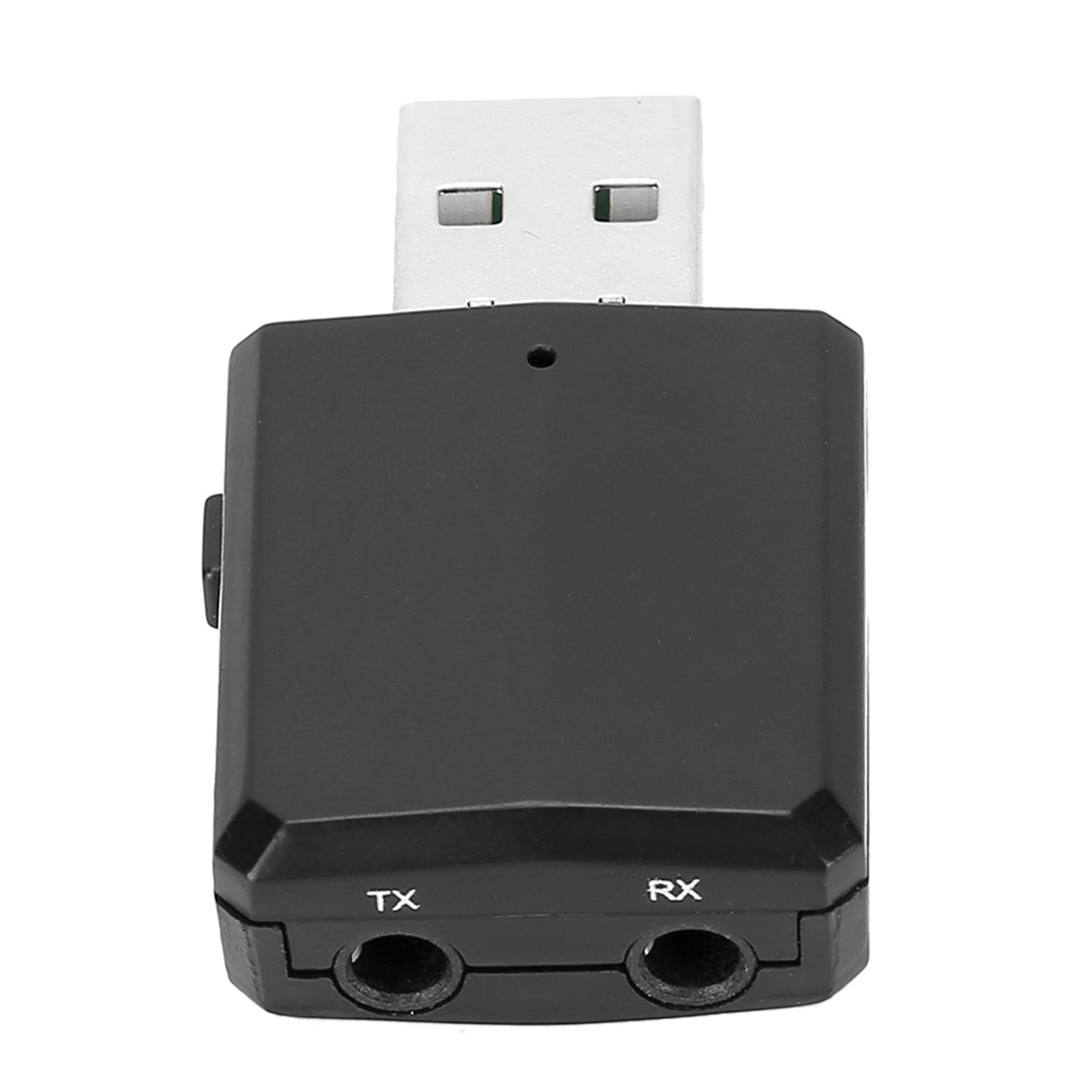 Schwarzer USB-Bluetooth-Sender/Empfänger mit TX- und RX-Anschlüssen und einem USB-Anschluss.