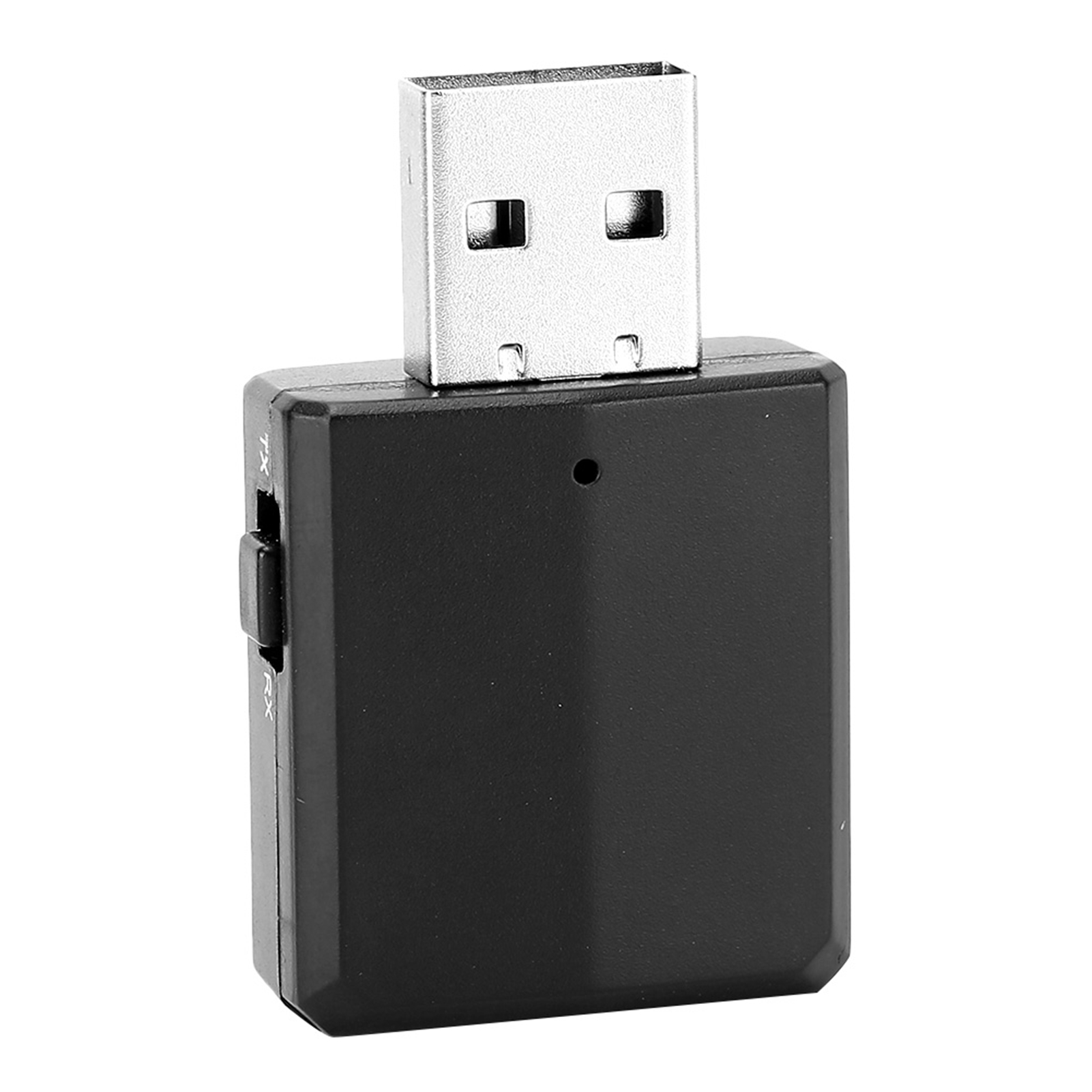 Schwarzes USB-Gerät mit einem Schalter mit der Aufschrift TX und RX. Der USB-Anschluss befindet sich oben.