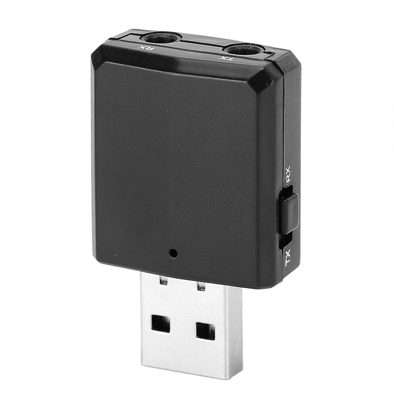 Schwarzes USB-Gerät mit Schalter TX und RX. Es hat zwei Anschlüsse oben und einen USB-Anschluss.