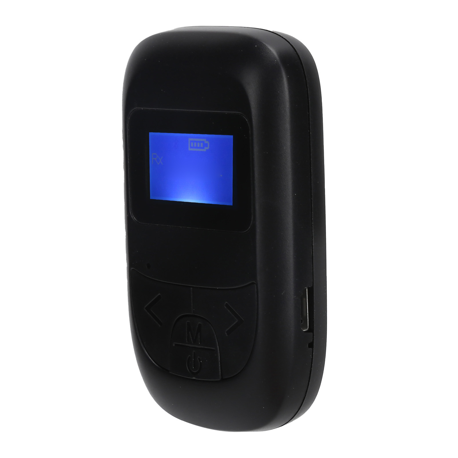 Schwarzer Bluetooth-Empfänger mit Bildschirm, der die Akkulaufzeit und Navigationstasten anzeigt.