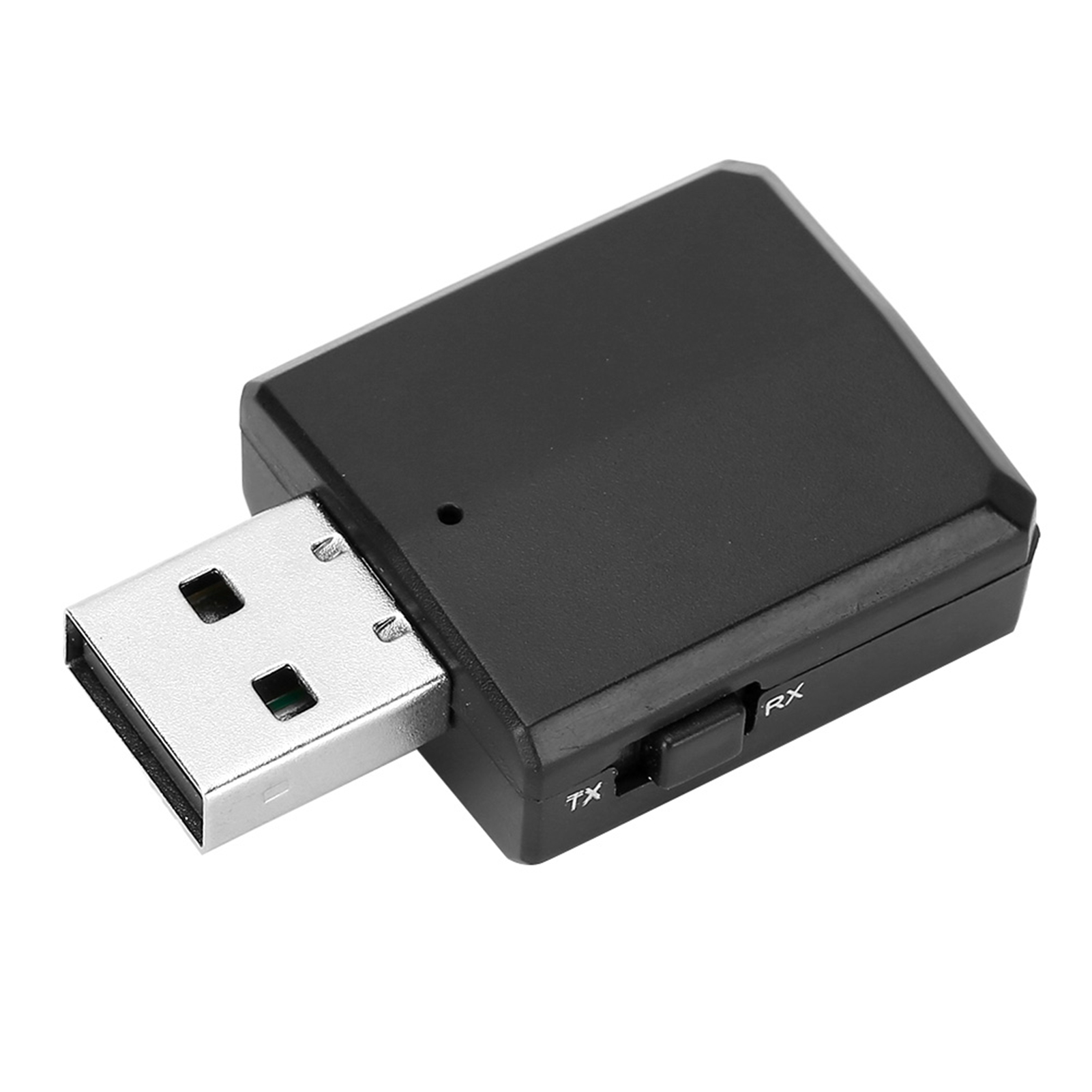 Schwarzes USB-Gerät mit einem Schalter mit der Aufschrift TX und RX. Der USB-Anschluss befindet sich auf der rechten Seite.