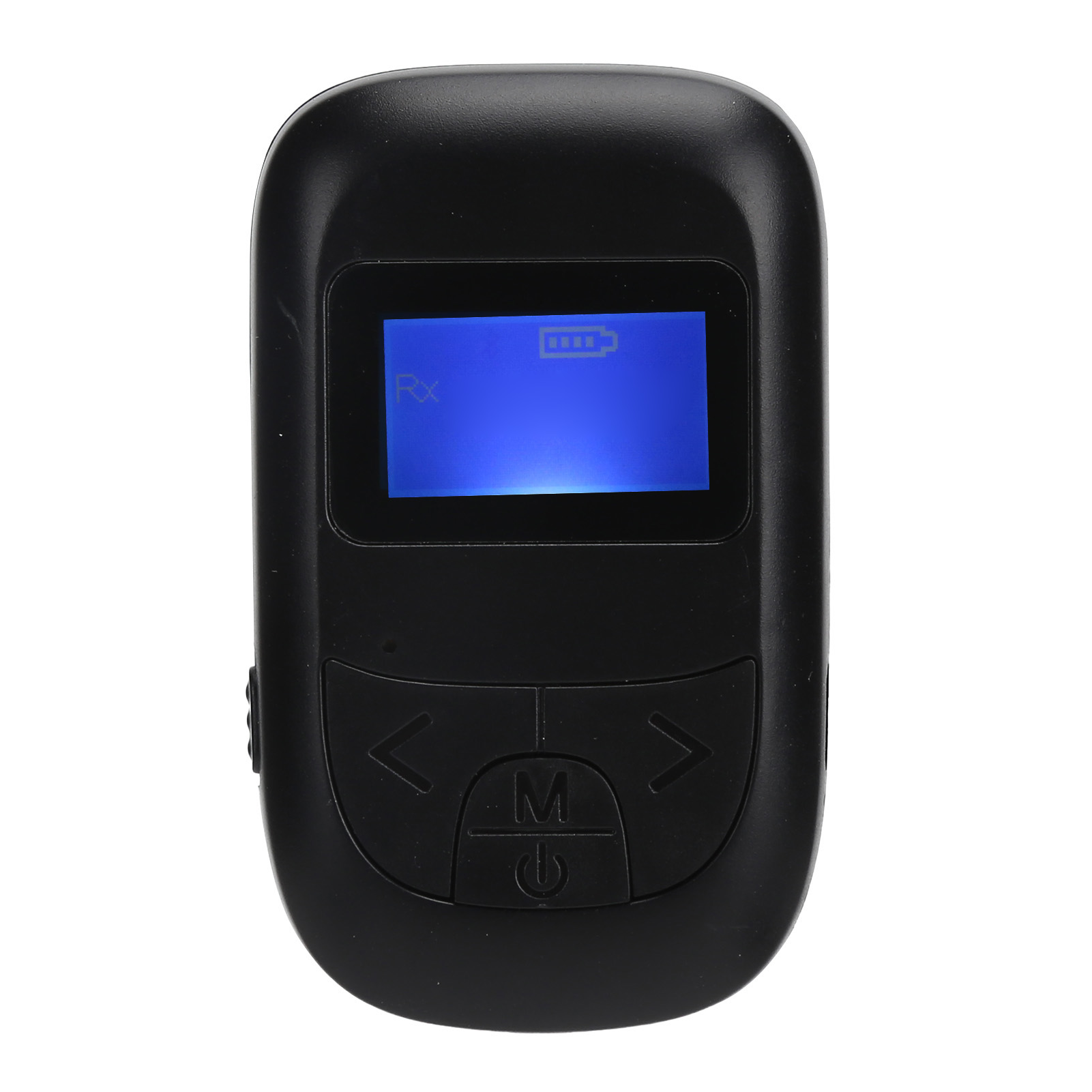 Schwarzer Bluetooth-Empfänger mit Bildschirm, der Batterie und Navigation anzeigt.