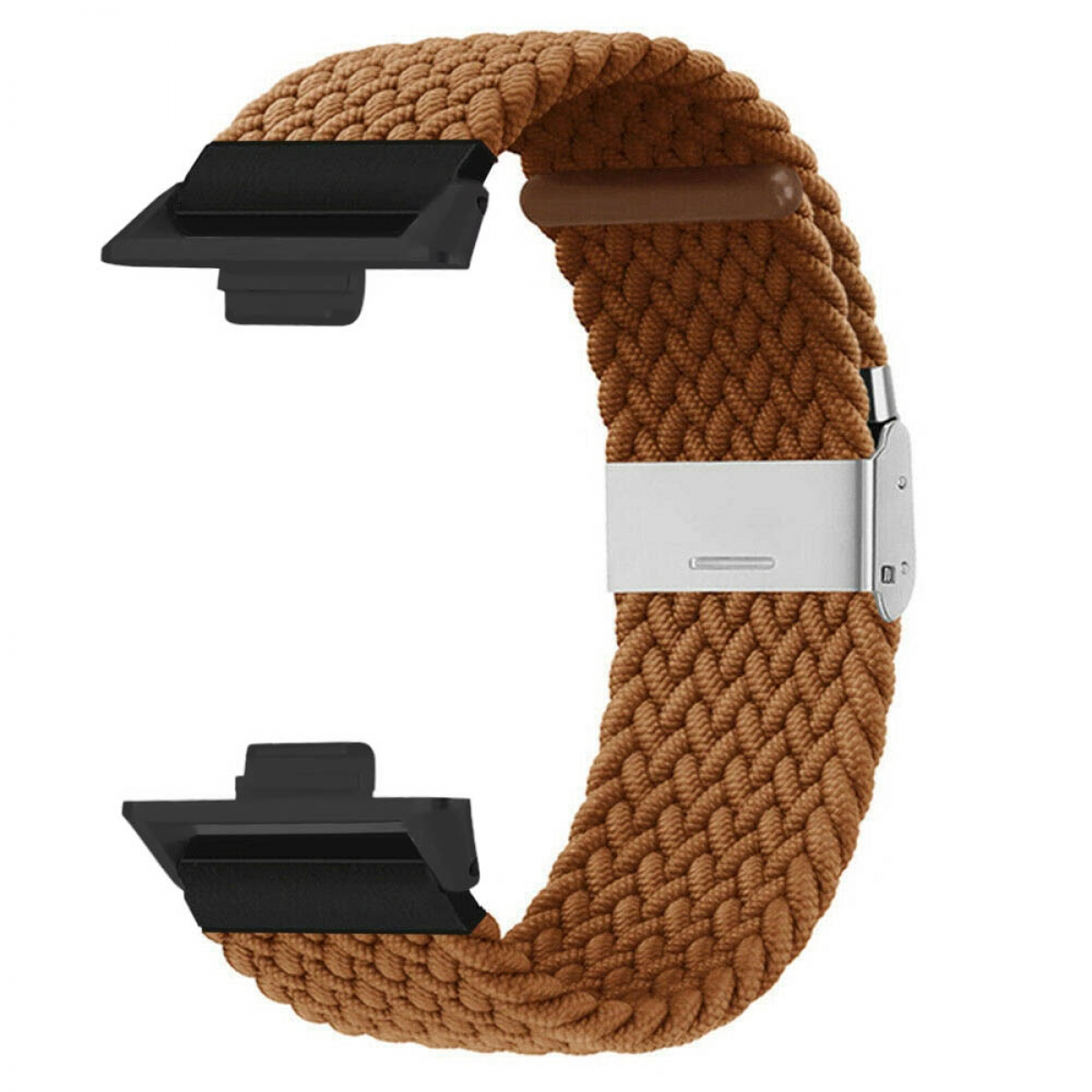 Braunes geflochtenes Uhrenarmband mit schwarzen Anschlüssen und einem silbernen Verschluss. Es ist ein geflochtenes Design.