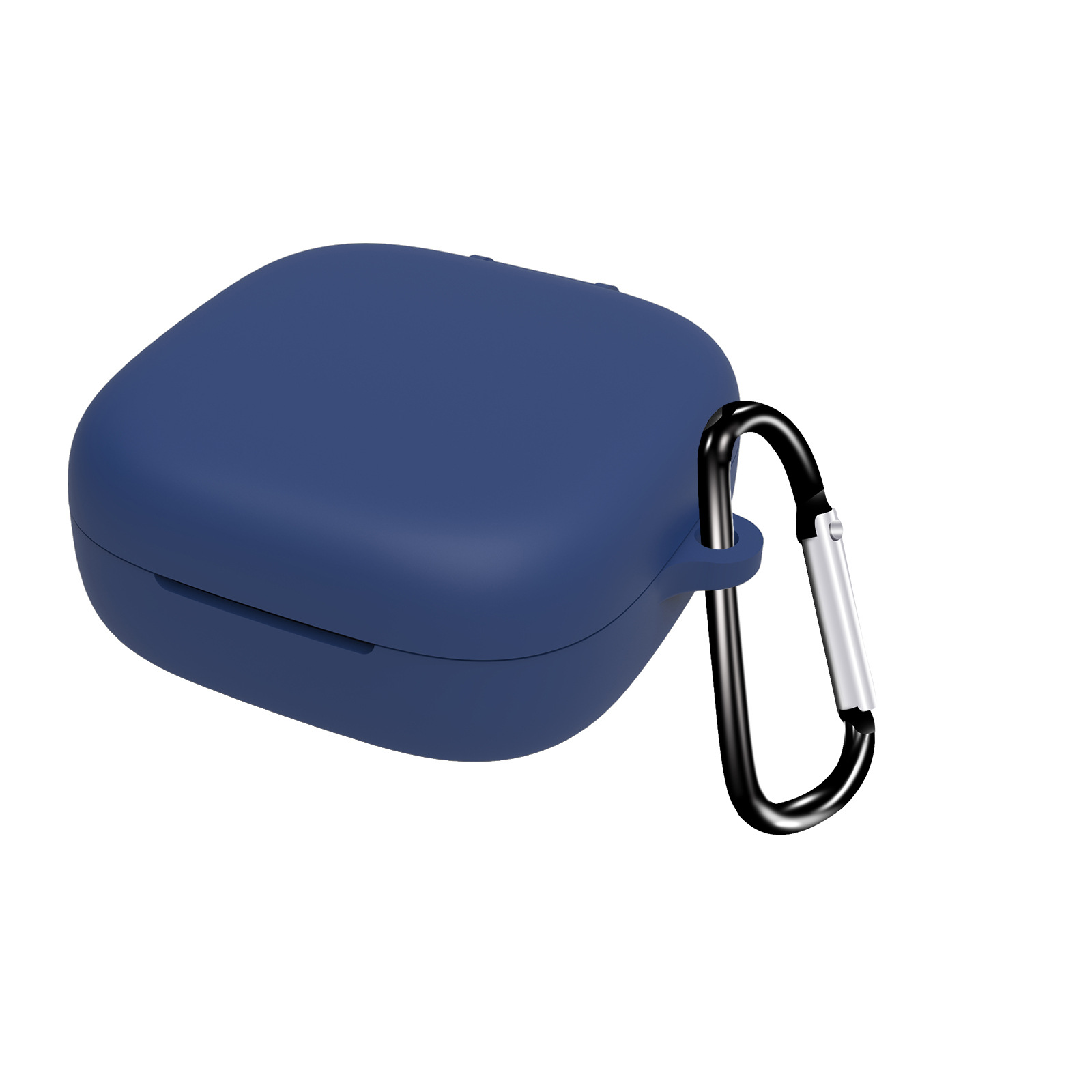Custodia per auricolari blu scuro con moschettone nero. Sfondo bianco.