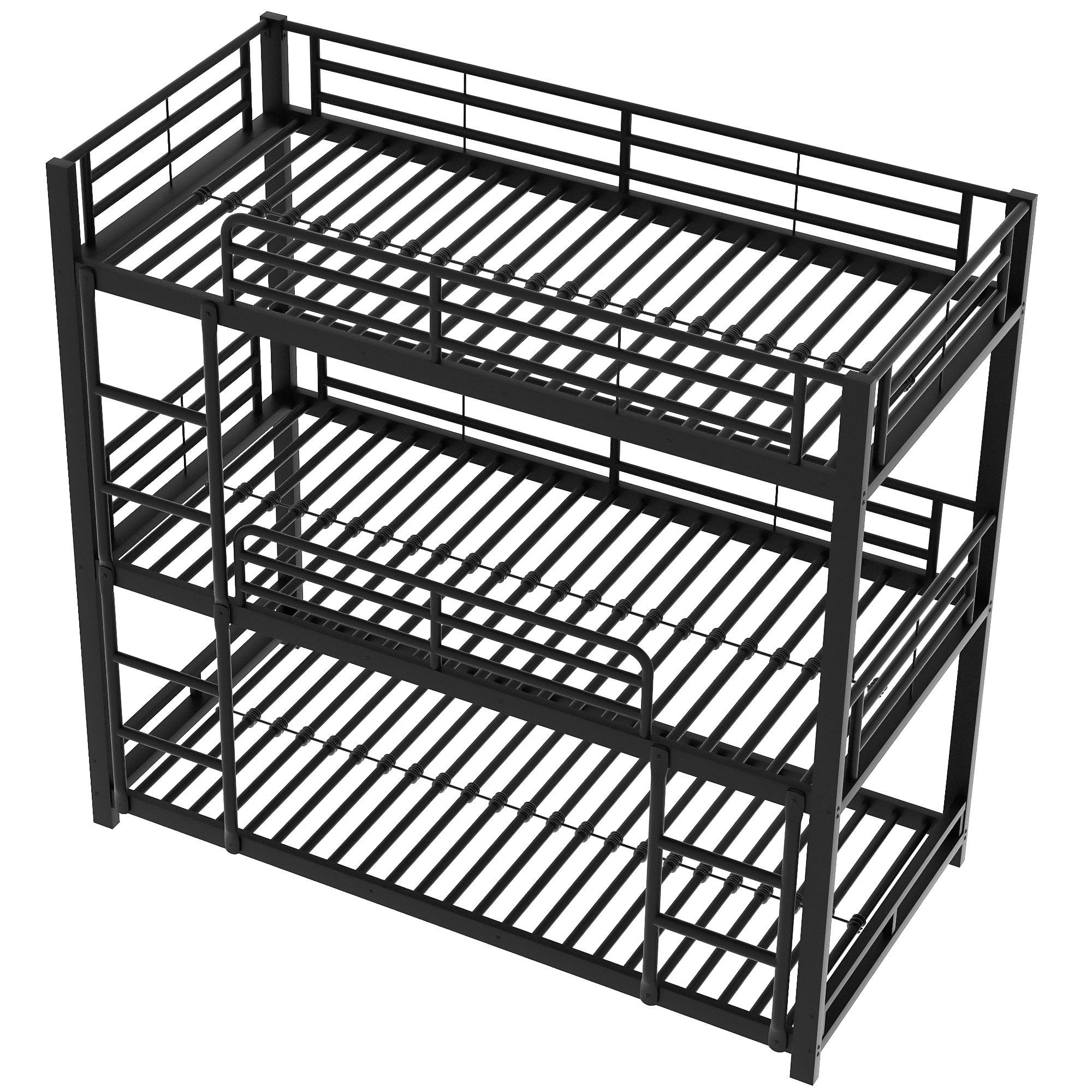 Ein schwarzer Metall-Dreifach-Etagenbettrahmen, aus einem Winkel betrachtet. Das Bett ist leer, ohne Matratzen oder Bettwäsche.