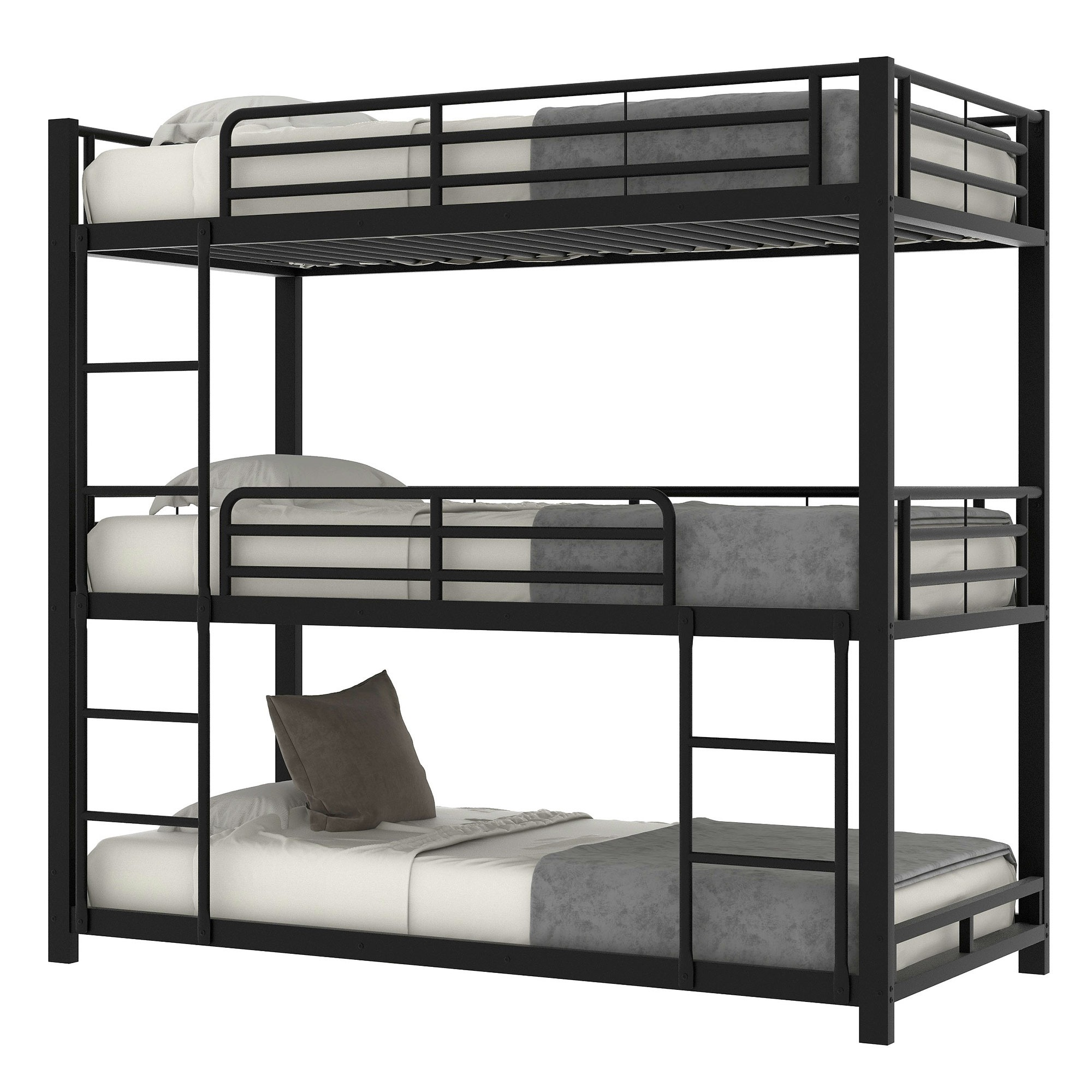 Schwarzes Dreifach-Etagenbett mit Matratzen und Kissen. Weißer Hintergrund.