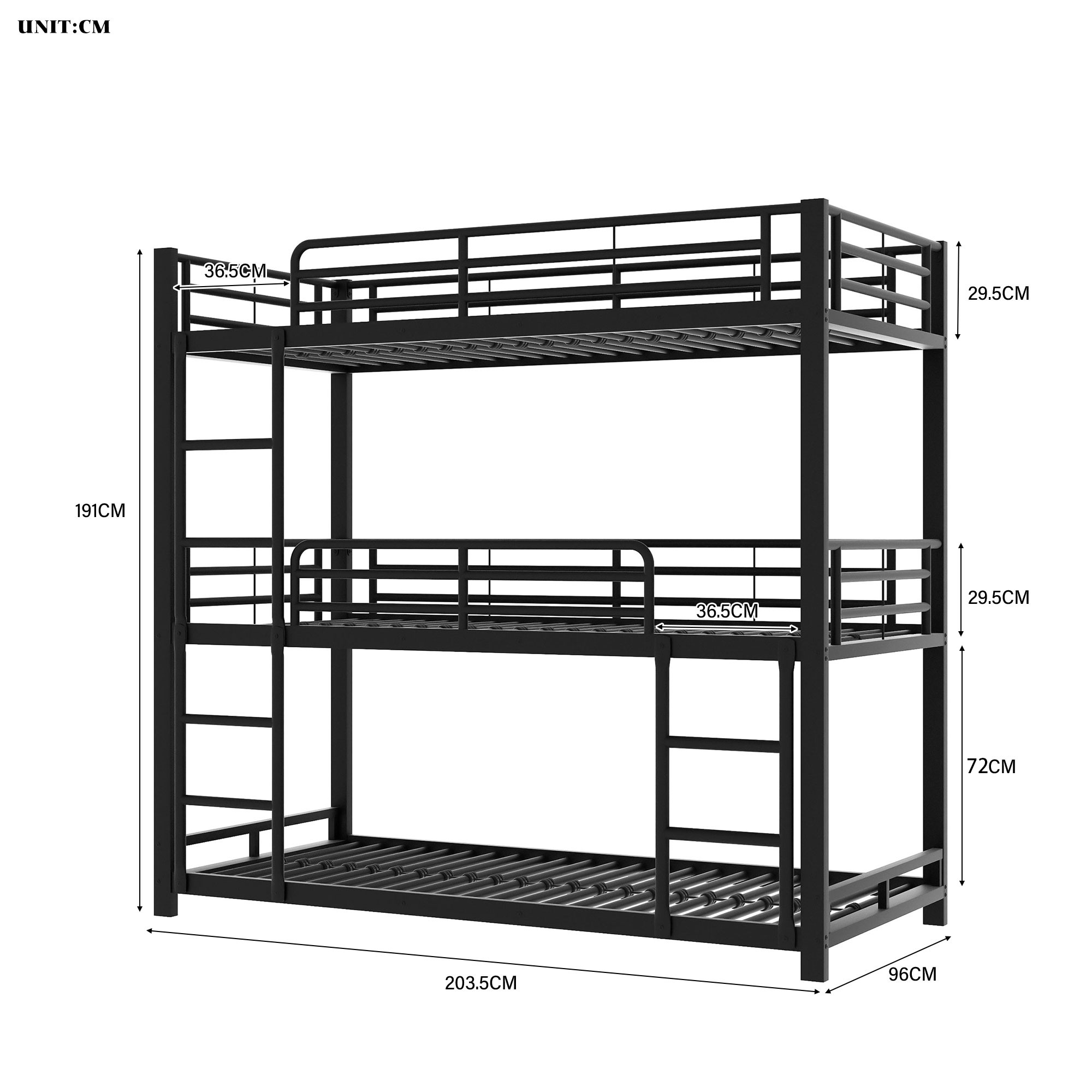 Ein schwarzes Metall-Dreifach-Etagenbett mit Maßen in Zentimetern. Das Bett ist leer, ohne Bettwäsche.