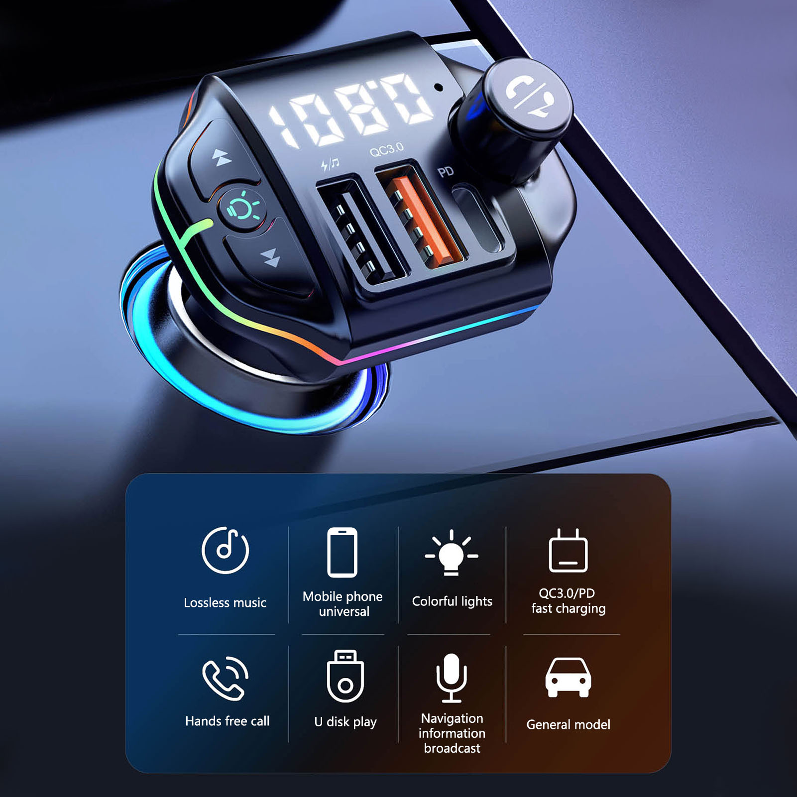 Ein schwarzer Auto-Adapter mit Digitalanzeige 108.0, mehreren USB-Anschlüssen und Drehknopf. Symbole darunter.