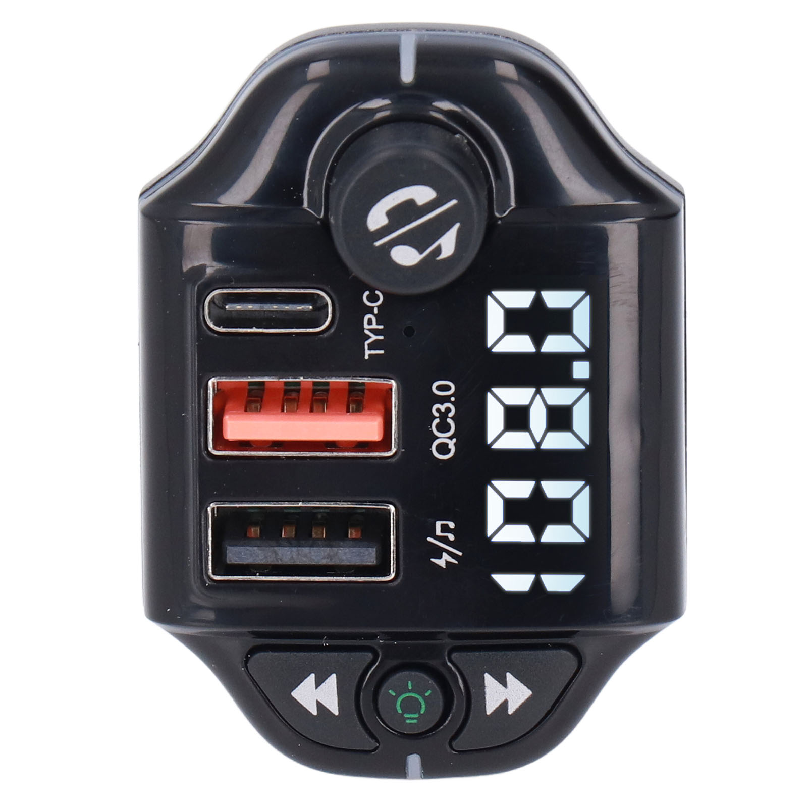 Schwarzer Auto-FM-Transmitter mit USB-, orangefarbenen und TYP-C-Anschlüssen. Anzeige zeigt 108.8. Weißer Hintergrund.
