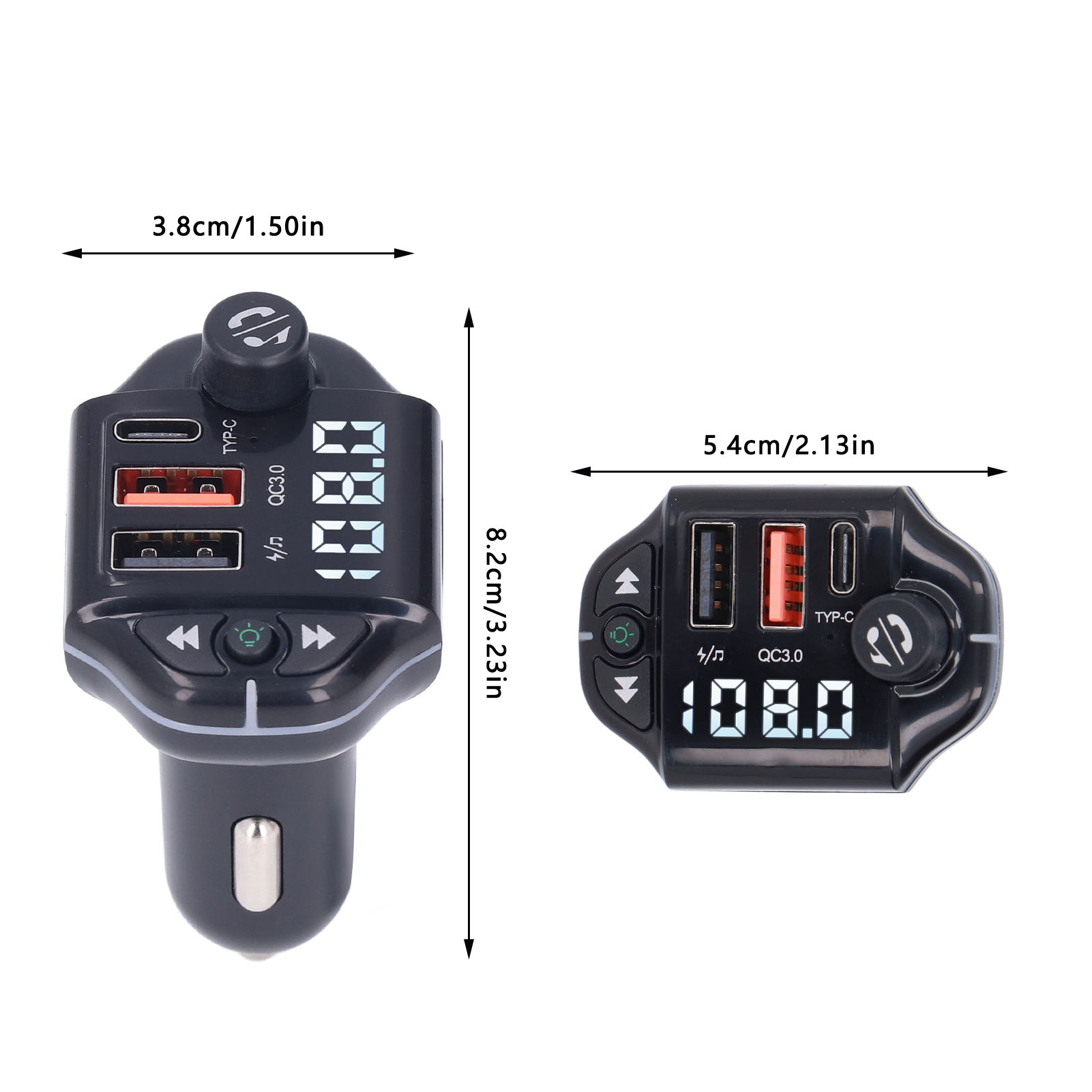 Zwei schwarze Auto-Adapter nebeneinander. Sie haben mehrere USB-Anschlüsse, ein Digitaldisplay mit 108.0 und einen Drehknopf.