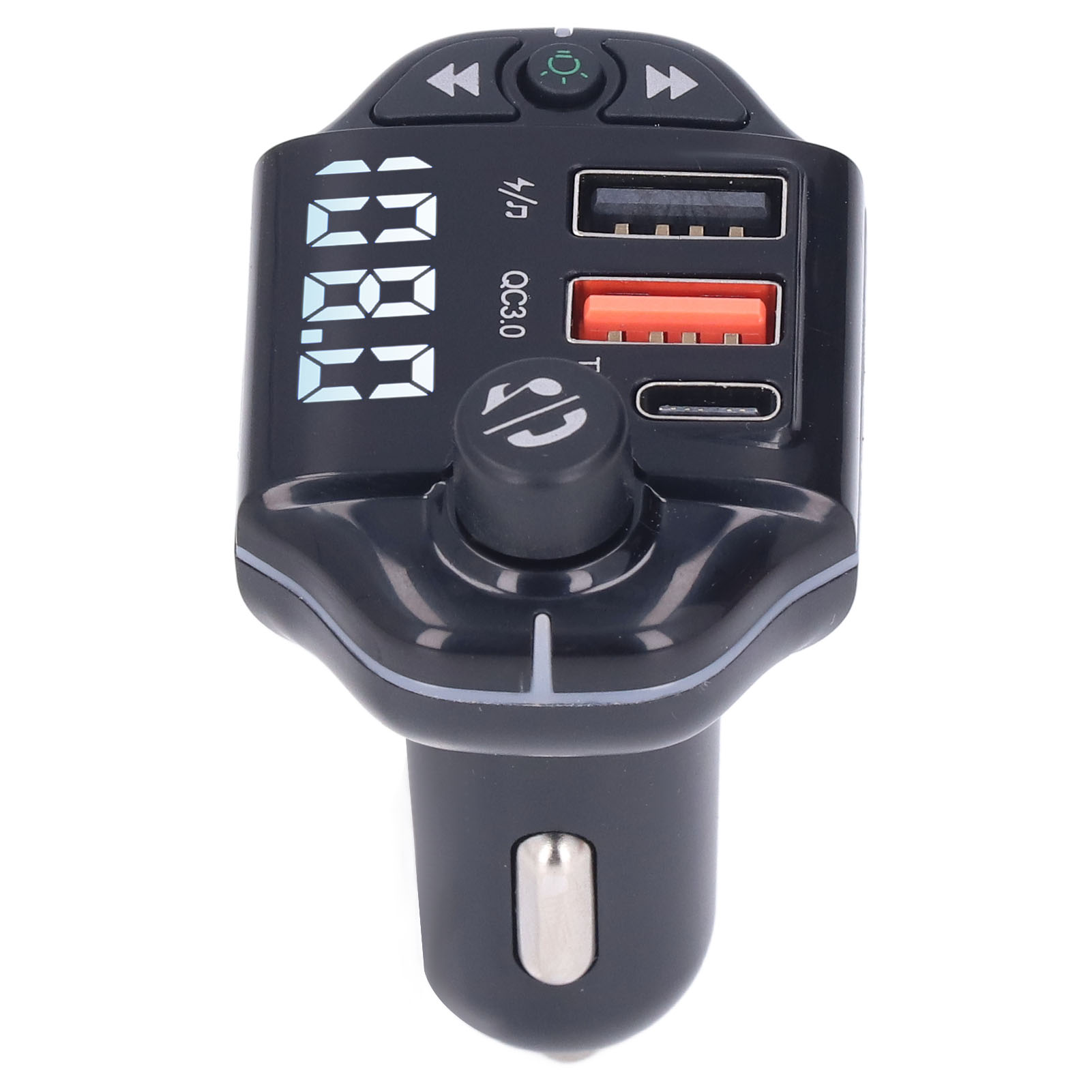 Schwarzer Auto-FM-Transmitter mit USB-Anschlüssen, einem orangefarbenen Anschluss und einem TYP-C-Anschluss. Anzeige zeigt 108.8. Weißer Hintergrund.