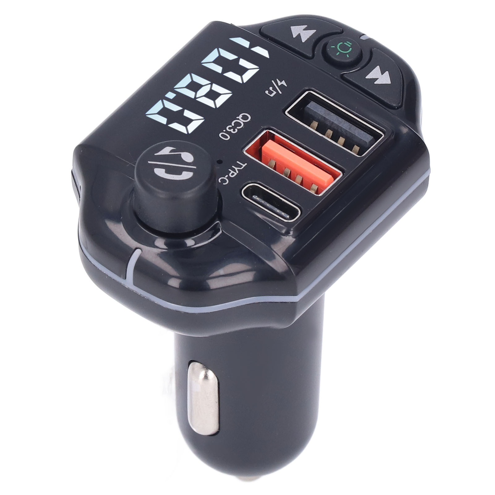 Nahaufnahme eines schwarzen Auto-Adapters mit mehreren USB-Anschlüssen und Digitalanzeige 108.0.