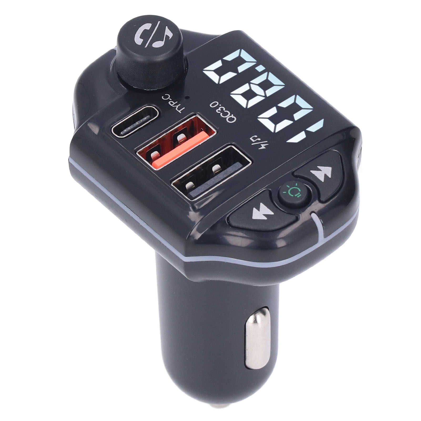 Ein schwarzer Auto-FM-Transmitter mit Knöpfen, einem Display und USB-Anschlüssen.