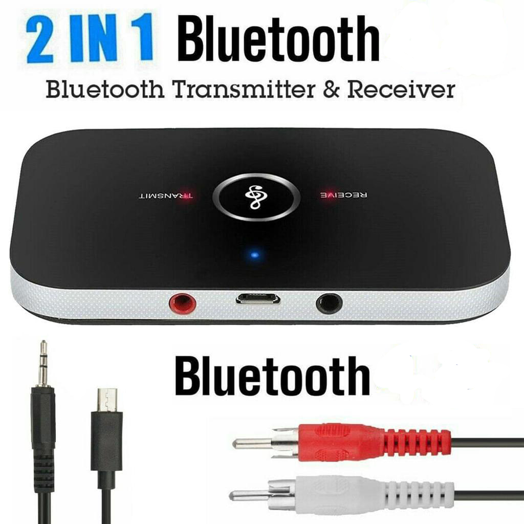 Ein schwarzer Bluetooth-Sender und -Empfänger mit Taste und Anschlüssen, sowie Audiokabeln und -anschlüssen.