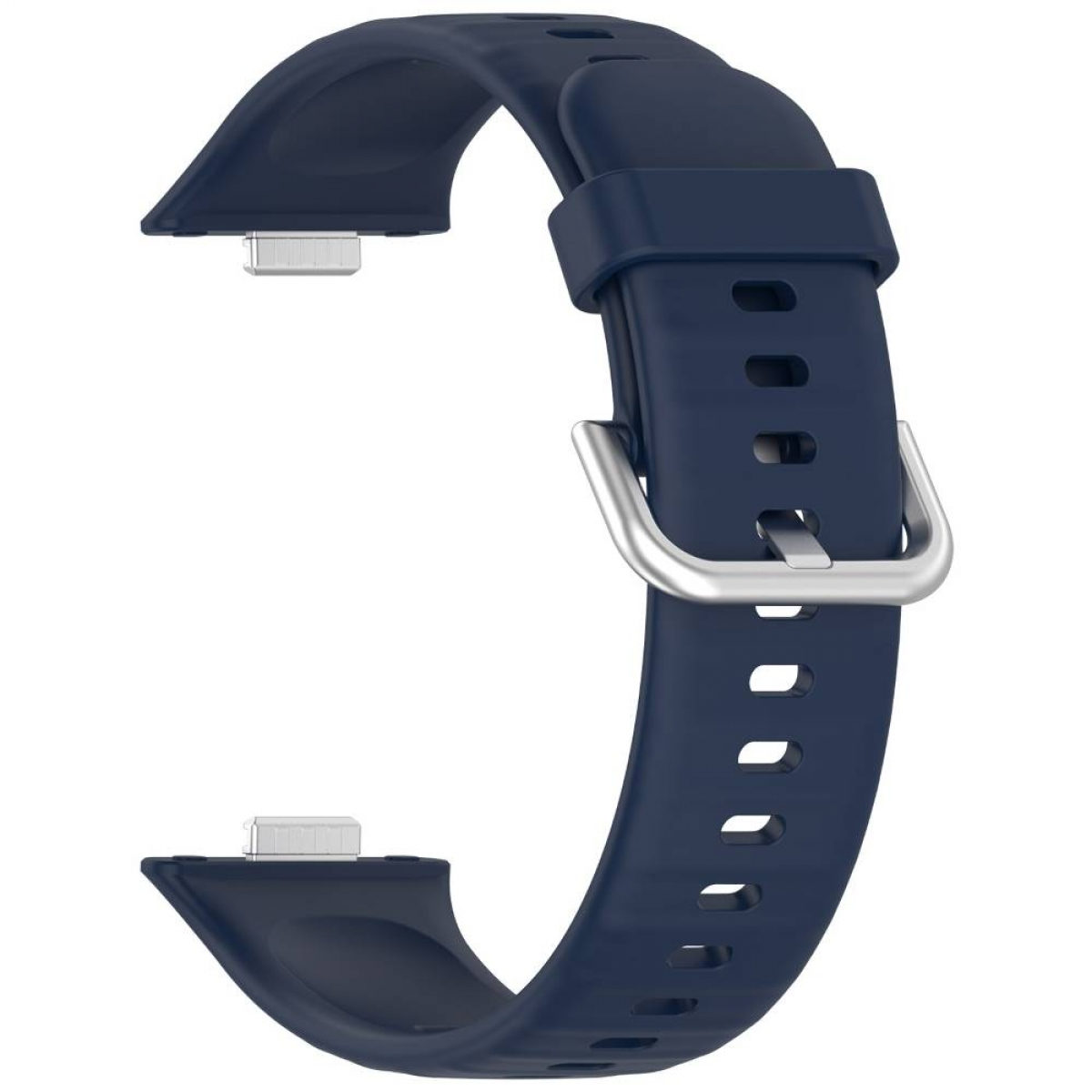 Ein dunkelblaues Uhrenarmband mit einer silbernen Schnalle. Das Band ist gebogen. Der Hintergrund ist weiß.