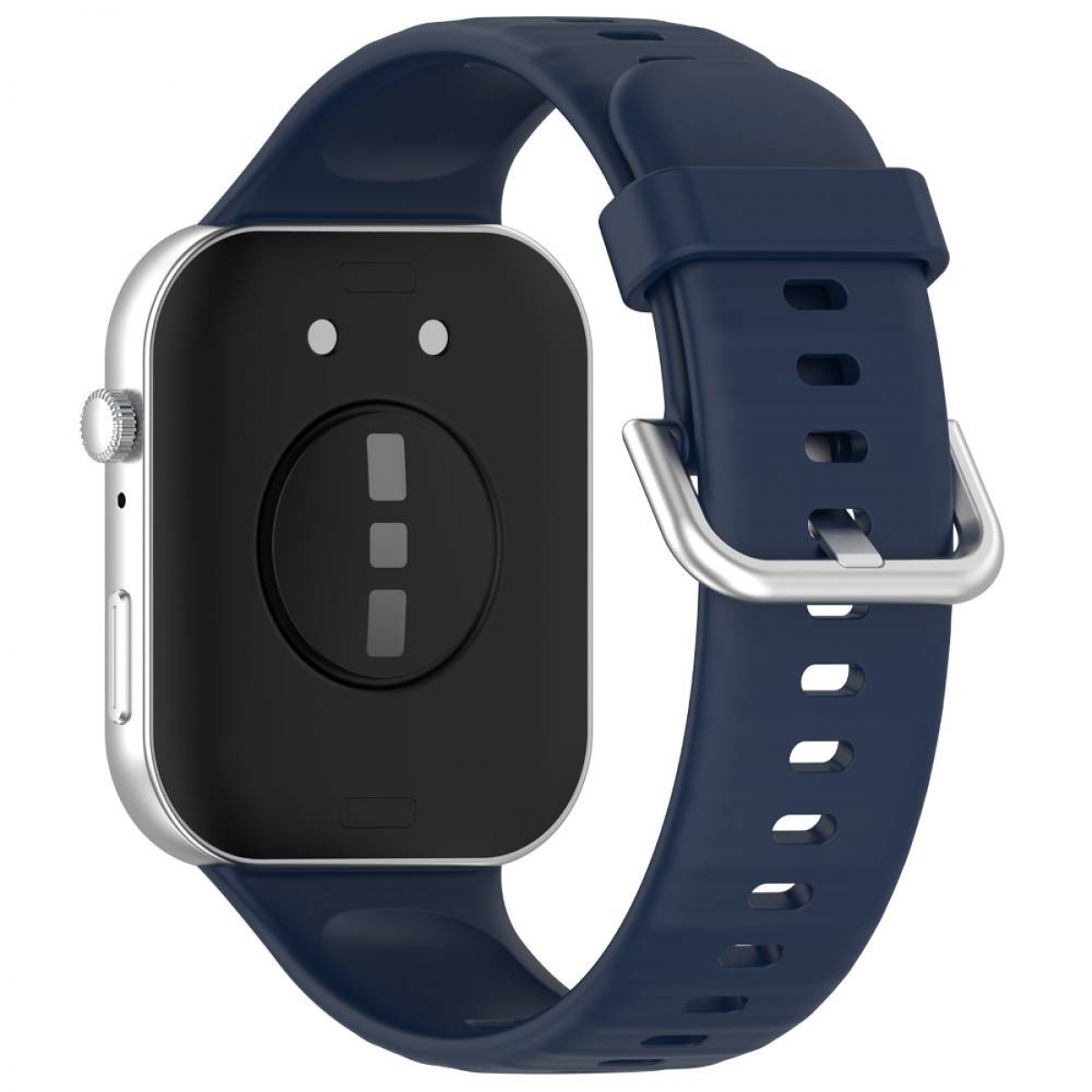 Die Rückseite einer Smartwatch mit schwarzem Bildschirm und blauem Armband. Zwei Punkte und eine Linie sind sichtbar.