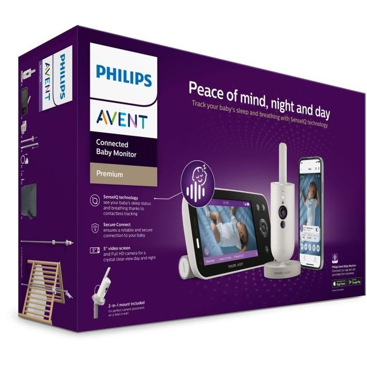 Philips Avent Babyphone-Box. Sie zeigt den Monitor, die Kamera und das Telefon mit einem Babybild sowie Funktionen.