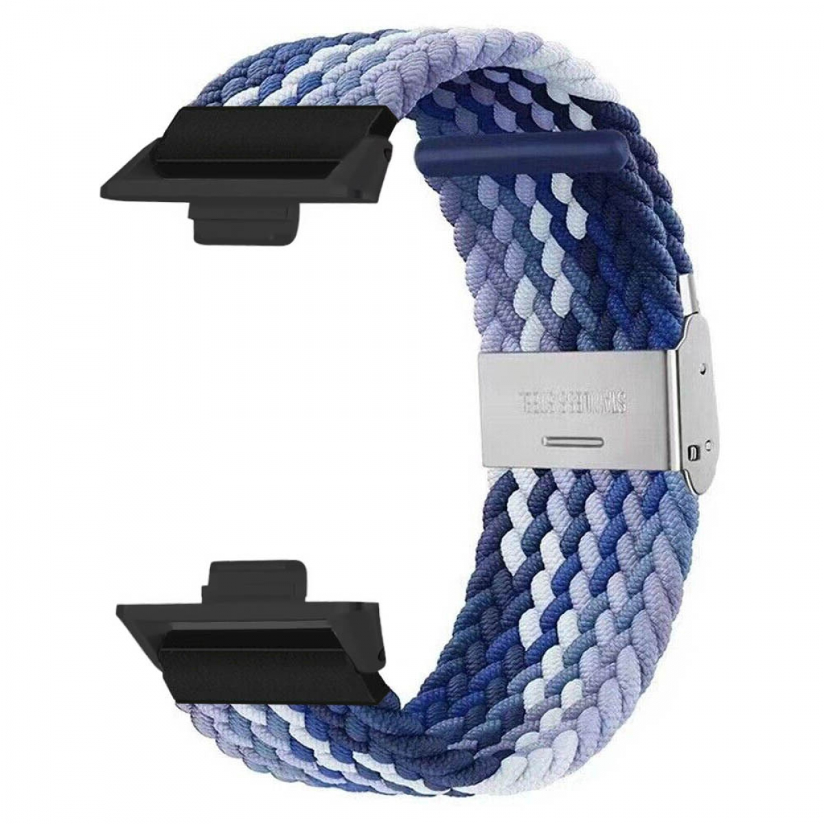 Armband mit blauem und weißem geflochtenem Muster, Edelstahlverschluss und schwarzen Anschlüssen.
