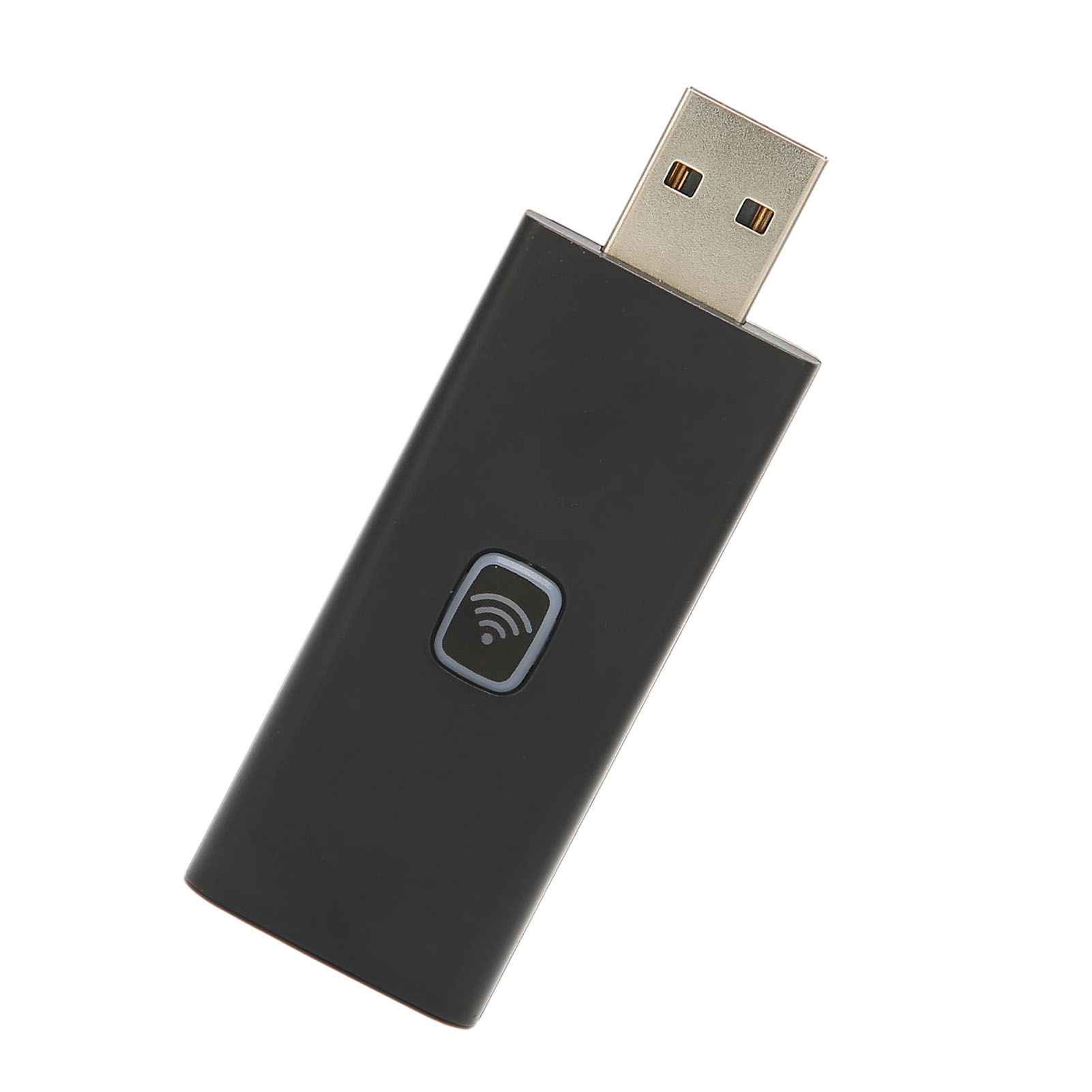 Ein schwarzer USB-WLAN-Adapter. Er ist rechteckig und hat einen kleinen Knopf und ein WLAN-Symbol.