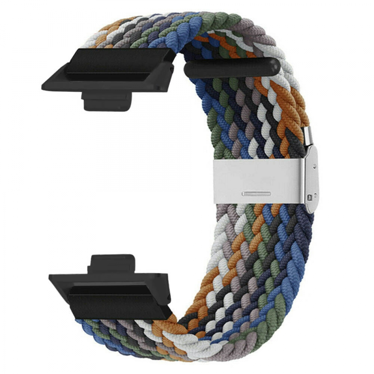 Geflochtenes Uhrenarmband in mehreren Farben: braun, blau, grün, weiß und schwarz. Metallverschluss.