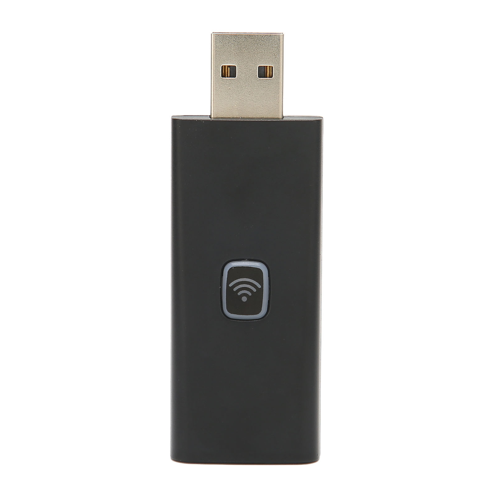 Schwarzer USB-WLAN-Adapter mit weißer WLAN-Symboltaste. Er hat einen USB-Anschluss.