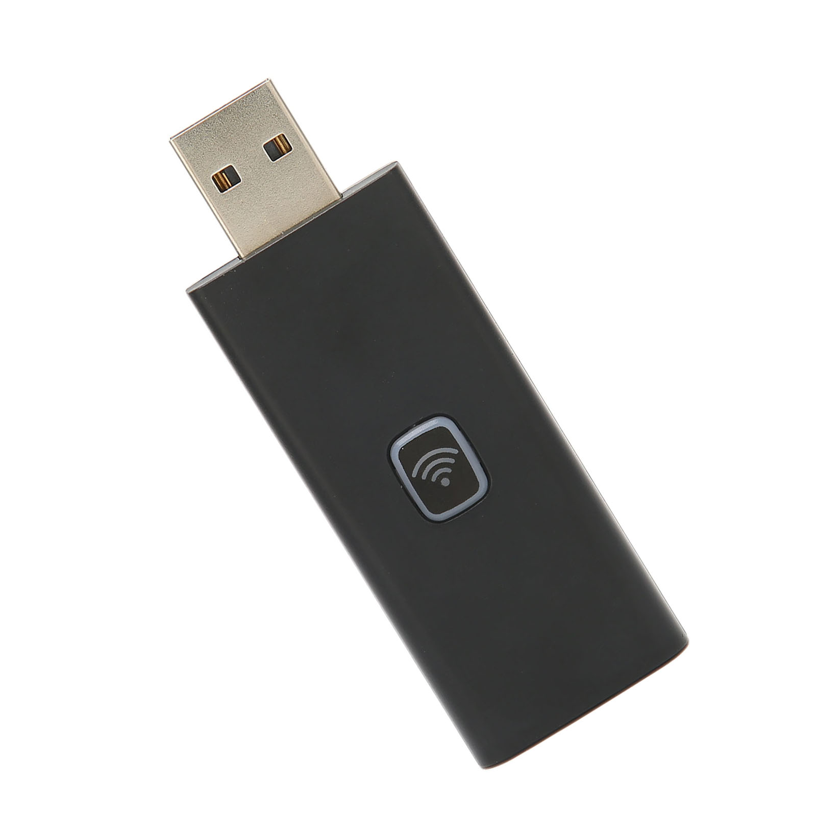 Schwarzer USB-WLAN-Adapter mit weißer WLAN-Symboltaste. Er hat einen USB-Anschluss.