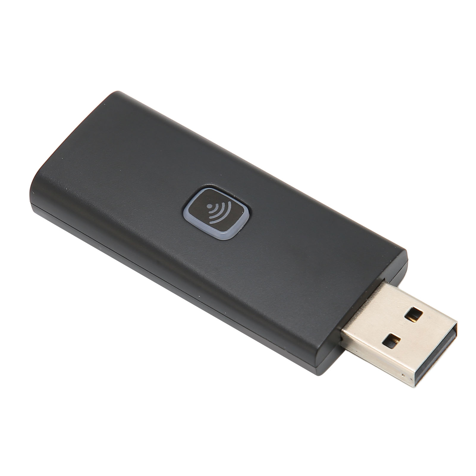 Ein schwarzer USB-WLAN-Adapter mit Knopf und WLAN-Symbol. Er ist rechteckig.
