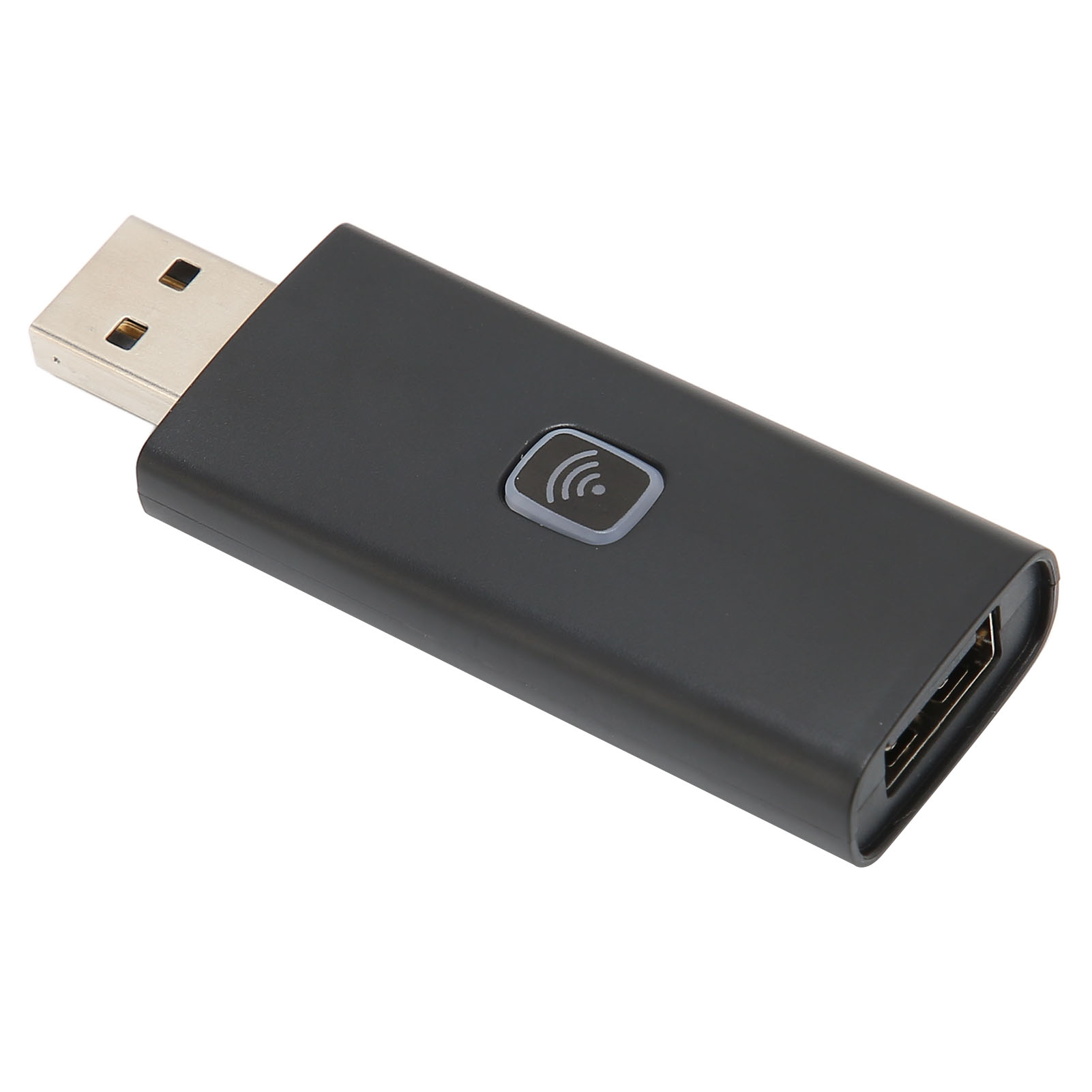 Ein schwarzer USB-WLAN-Adapter mit Knopf und WLAN-Symbol. Er ist rechteckig.