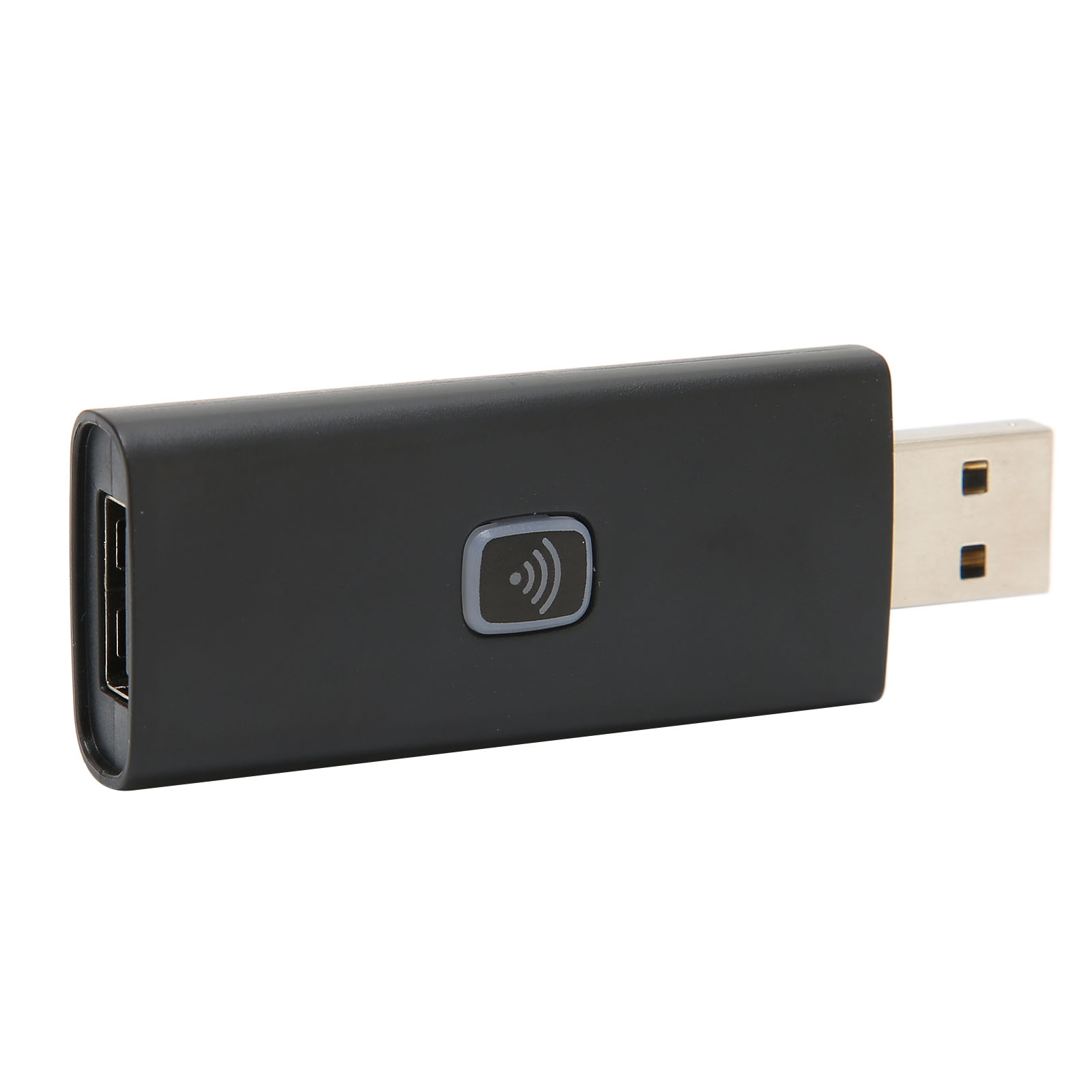 Schwarzer USB-Dongle mit Ein-/Aus-Taste. Er hat einen USB-Anschluss.