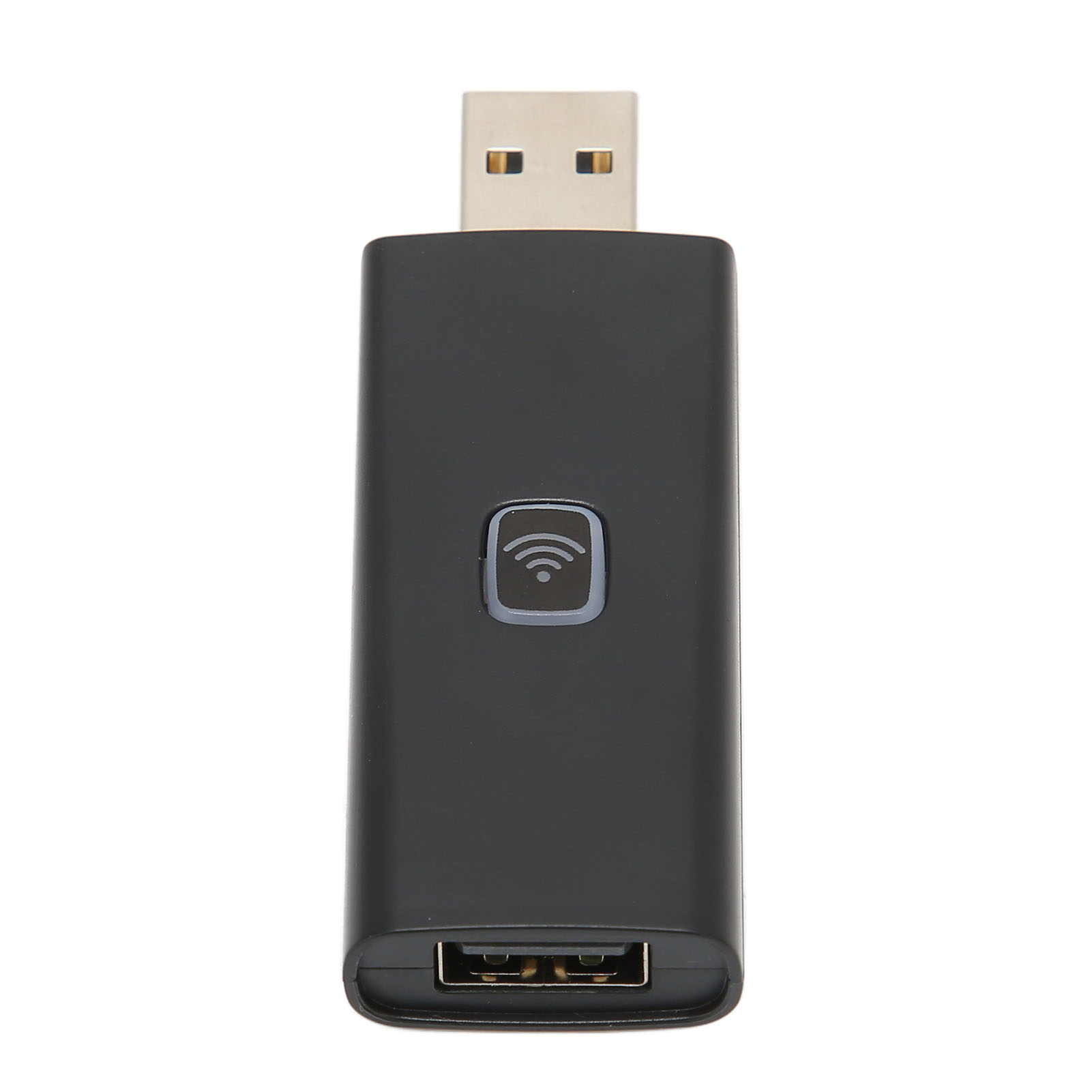 Schwarzer USB-WLAN-Adapter mit weißer WLAN-Symboltaste. Er hat einen USB-Anschluss.
