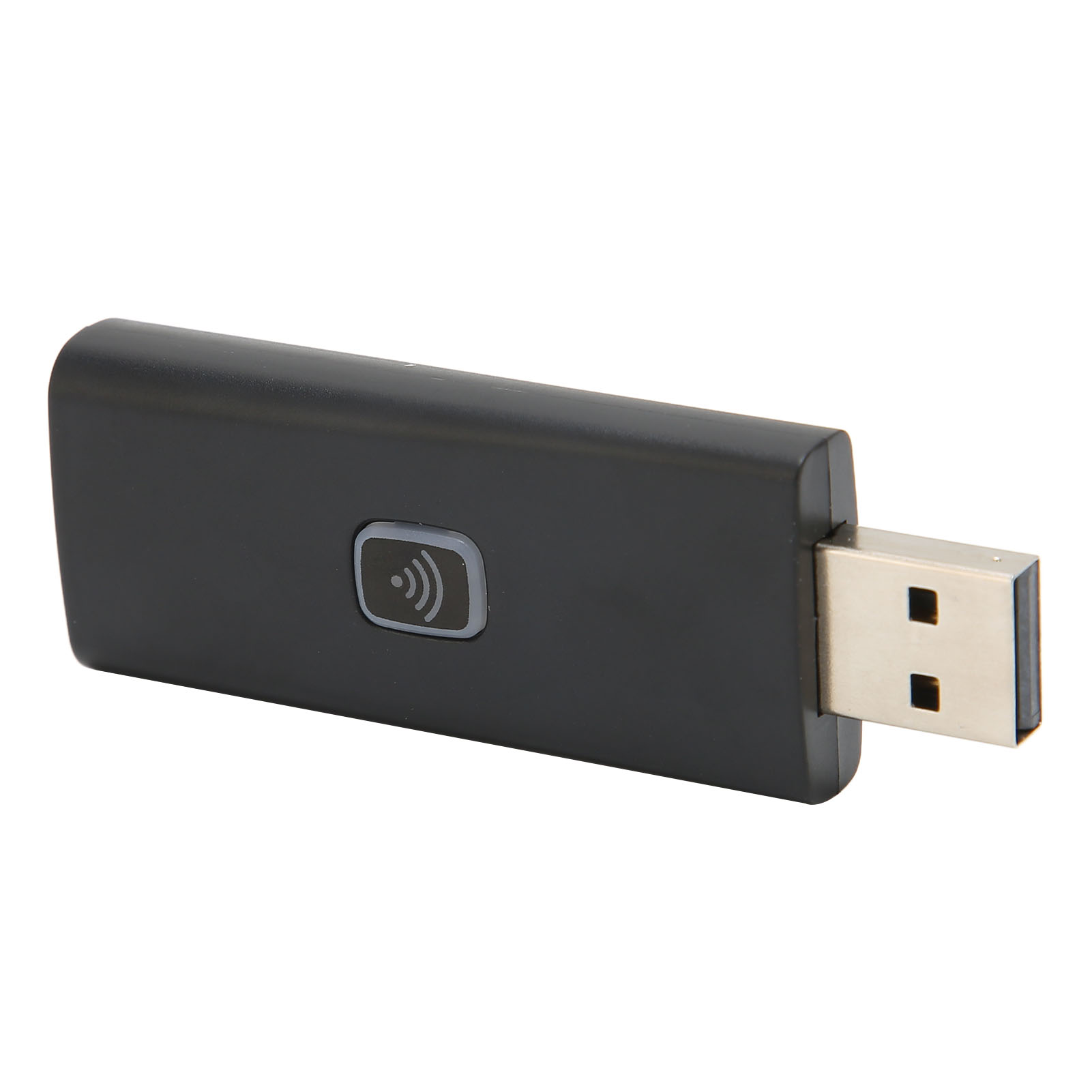 Ein schwarzer USB-WLAN-Adapter mit Knopf und WLAN-Symbol. Er ist rechteckig.