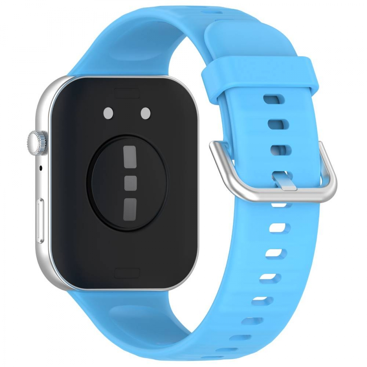 Eine blaue Smartwatch mit blauem Band. Die Uhr hat ein schwarzes Zifferblatt mit zwei Punkten und einer Linie.