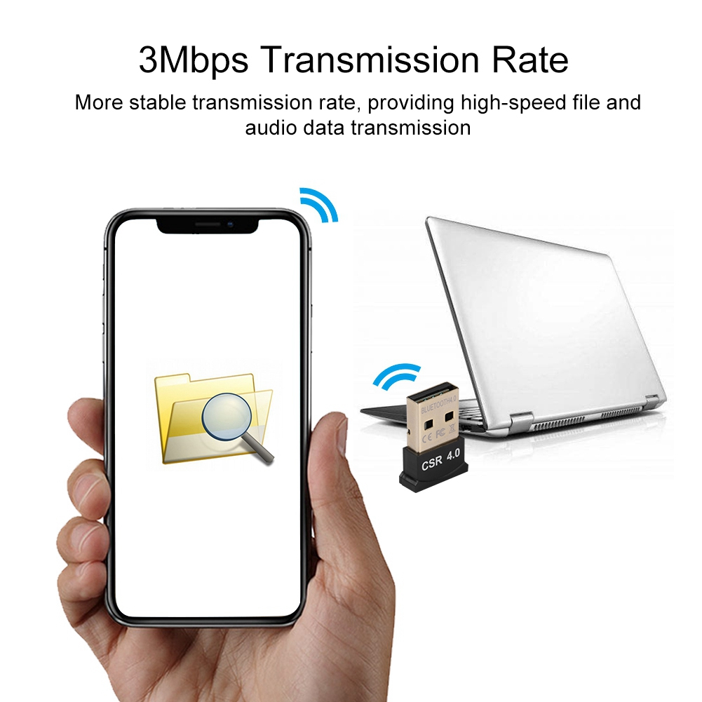 Ein Smartphone mit Bluetooth-Adapter und einem Laptop, mit Text zur Übertragungsrate.